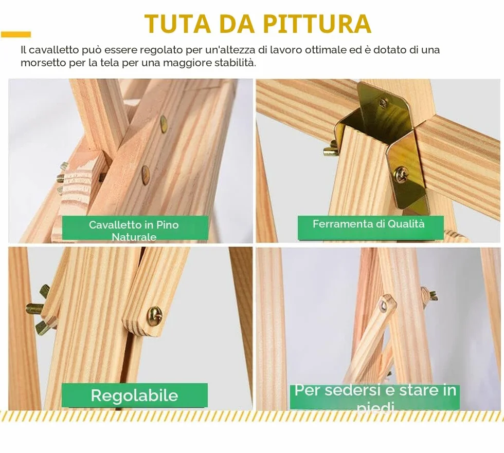 Cavalletto da Artista in Legno Portatile con Altezza Tela Regolabile