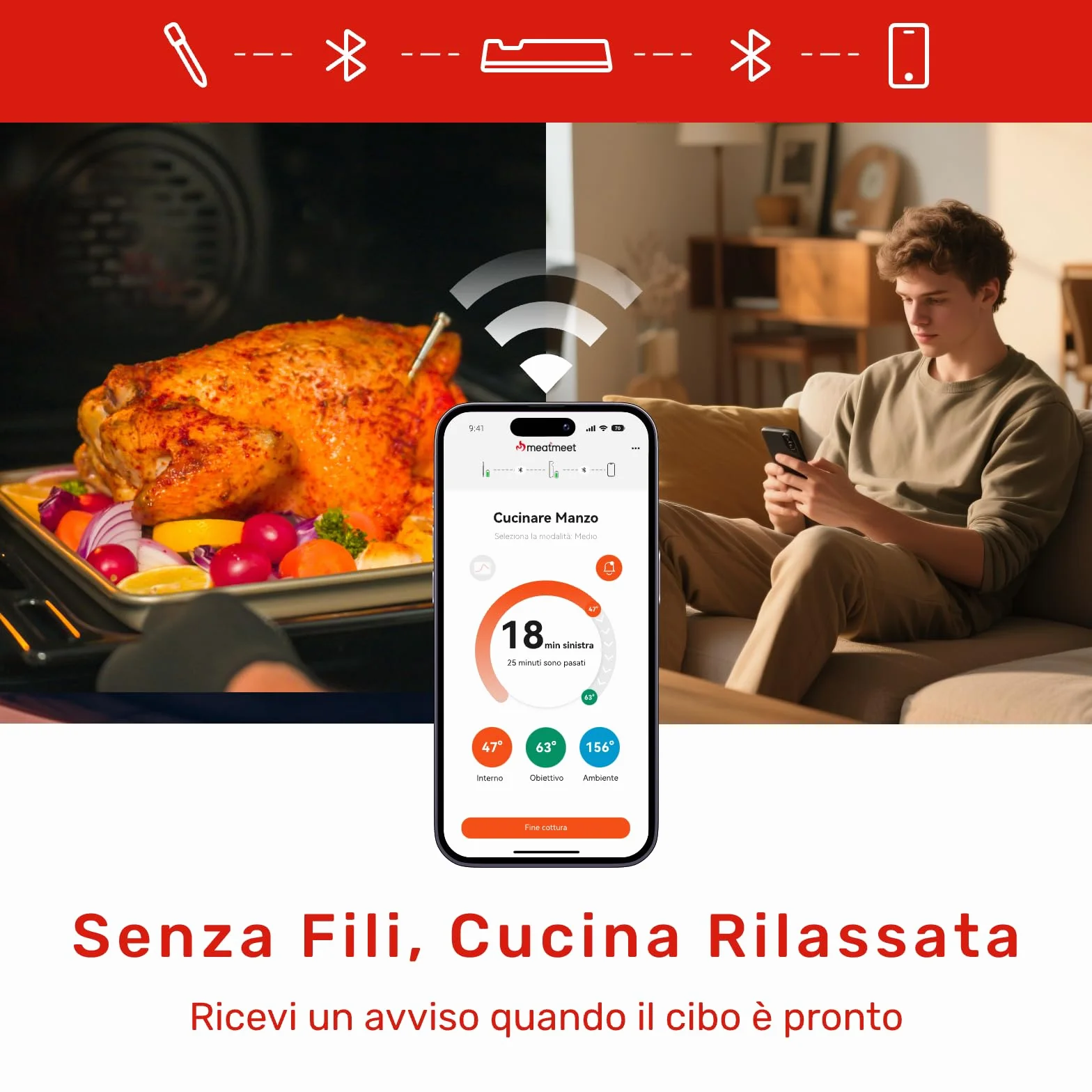 Termometro per carne Bluetooth 6 sensori IP69 impermeabile resistente all'olio precisione ±0,1°C monitoraggio app allarme