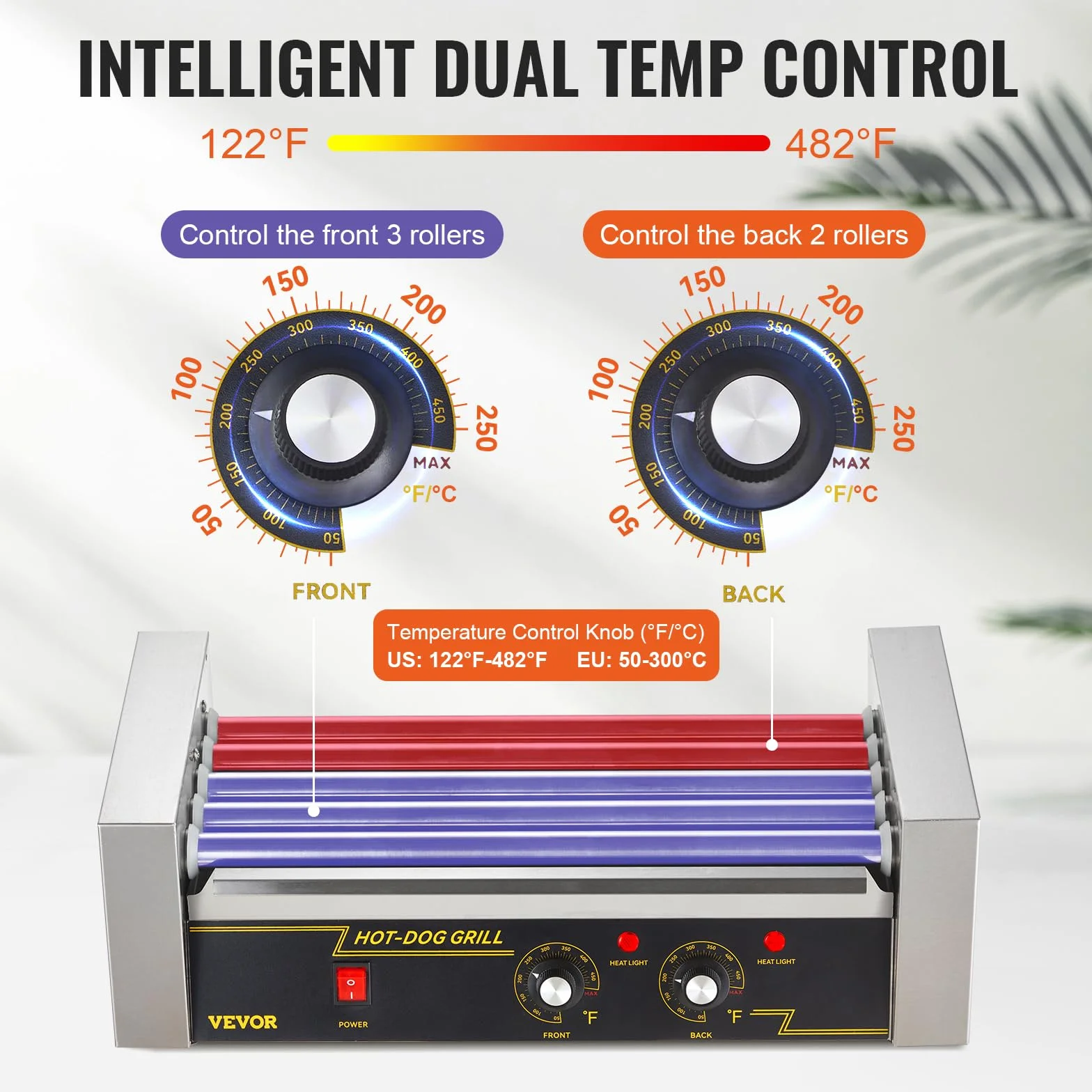 VEVOR Rouleau hot-dog, 5 Rouley, Grigliati a Macchina con Salsicce e Insolubili con Doppio Controllo della Temperatura, 12 hot-dog1000 W Macchina hot-dog con Couvercle, Autista Versa Petits Dolori