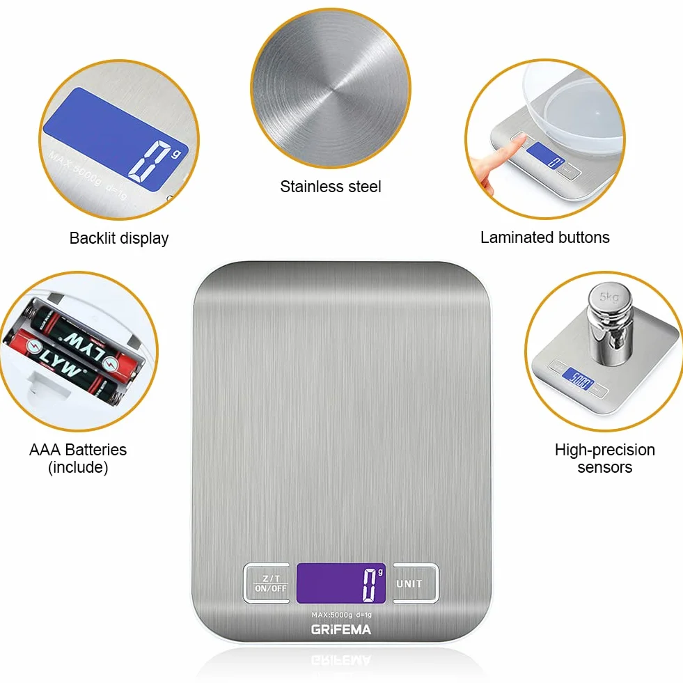 GRIFEMA GA2002 Bilancia da Cucina Smart Digitale con Funzione Tare, 5kg/11 lbs Professionale Alta Precisione
