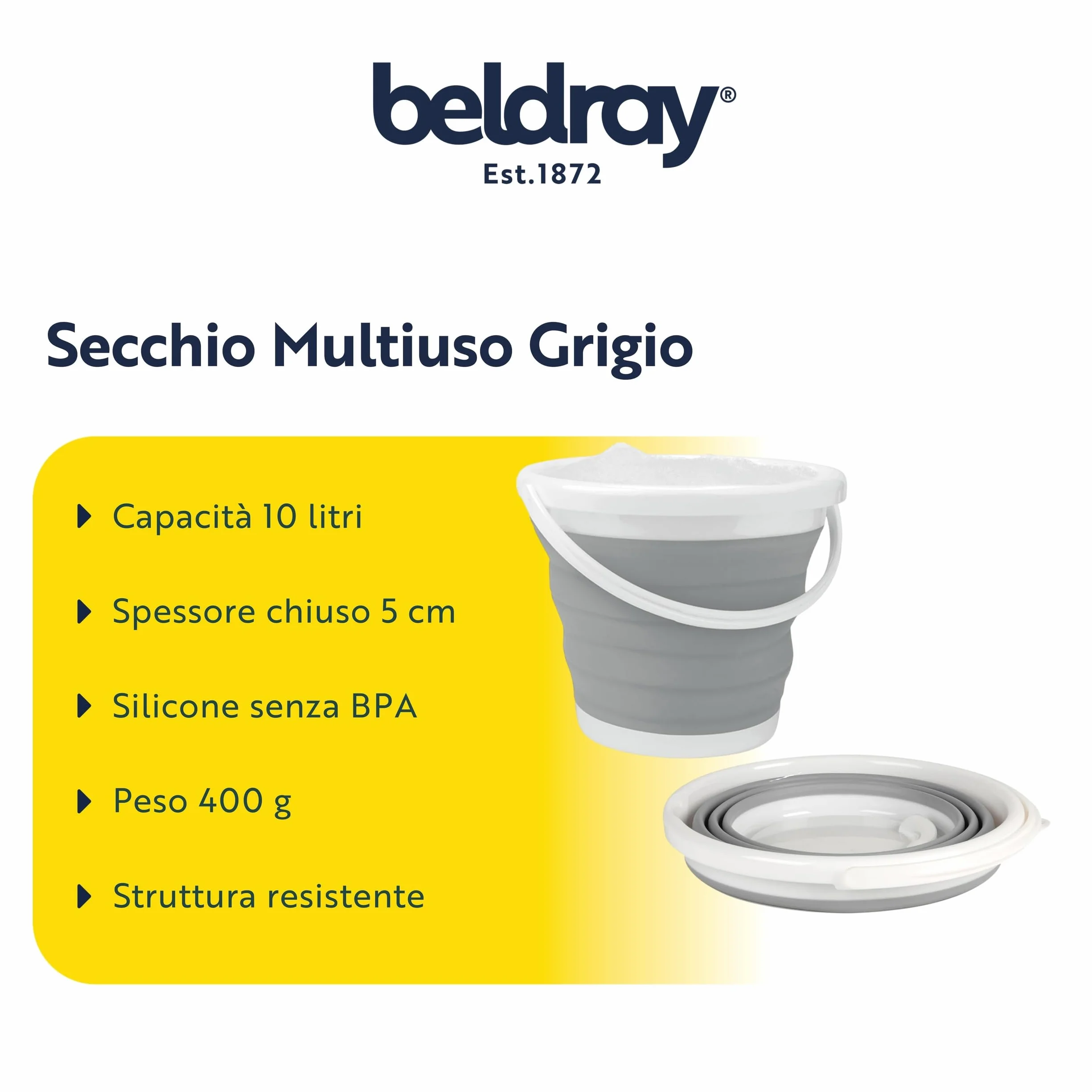 Beldray LA028495GRY Secchio Pieghevole - Vasca Pieghevole Per Stoccaggio Compatto, Uso Interno/Esterno, Pulizia Auto, Plastica Facile Da Pulire Con Maniglia, 10 L, Grigio
