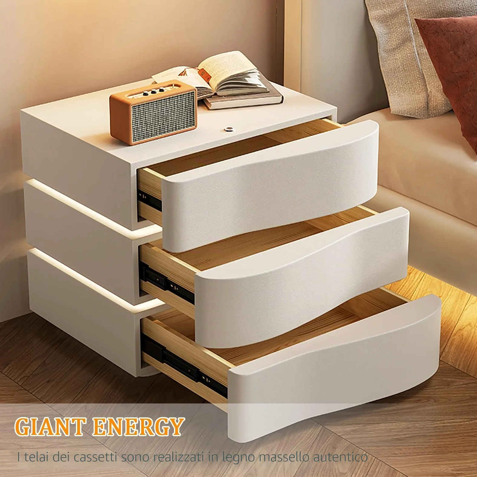 Comodino con Cassetti in Legno, Comodino A LED, Comodino Bianco, Comodini Camera da Letto Moderni, Comodino Moderno con Contenitore, Comodino Camera da Letto.(Brown,40 * 43 * 43CM)