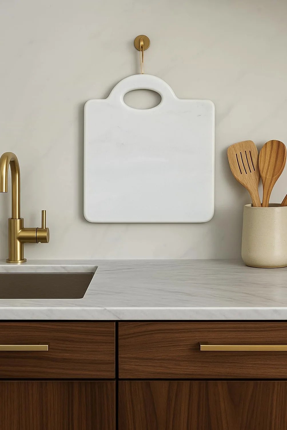 Tagliere in marmo bianco 30x25 cm con manico | Tagliere cucina artigianale Made in Italy per formaggi, salumi, sushi | Vassoio elegante in pietra naturale - Kalu Creations