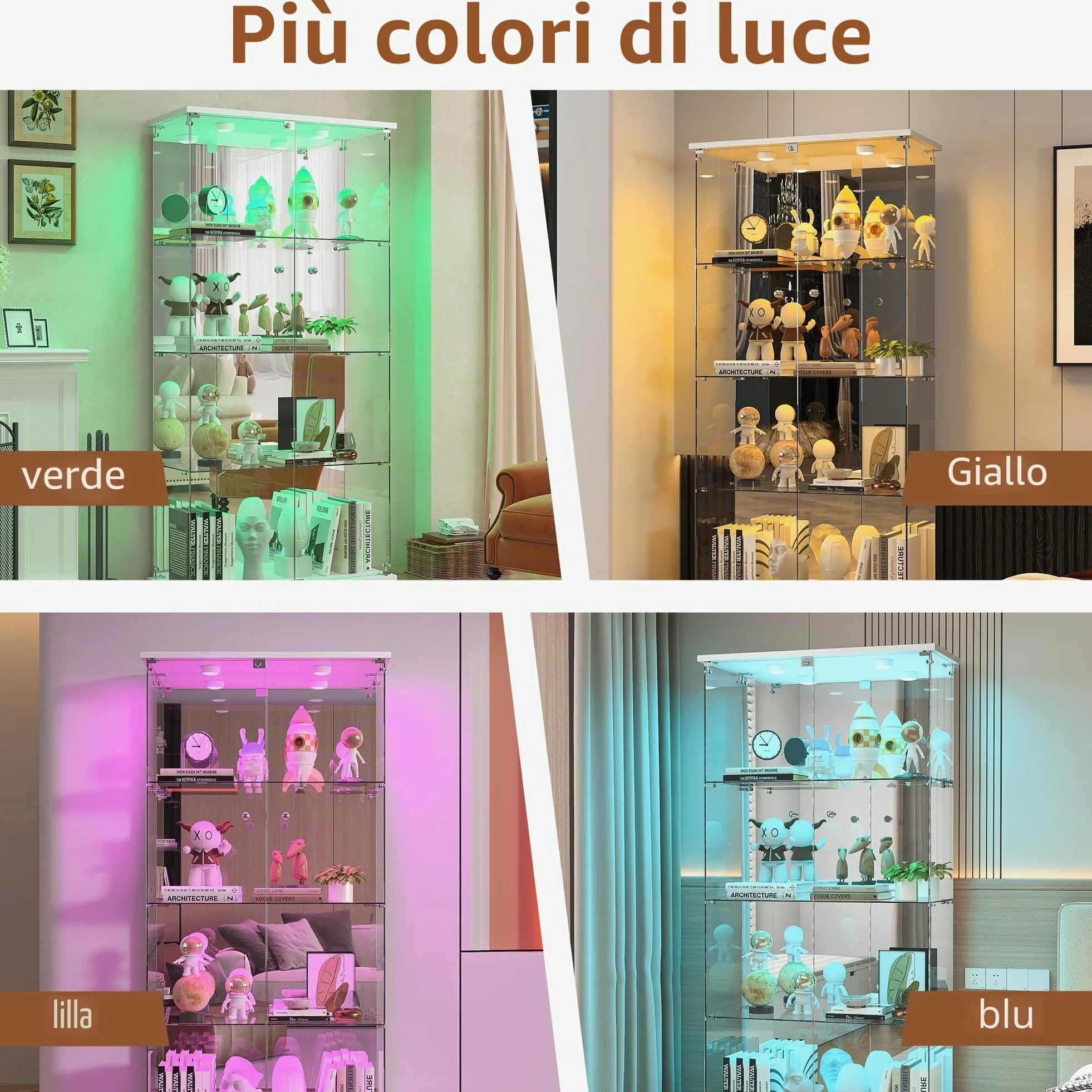 Vetrina in vetro con LED, armadio vetrina da collezione, 2 ante a serratura, 4 ripiani e fondo specchio, 164 x 80,5 x 36,5 cm, bianco