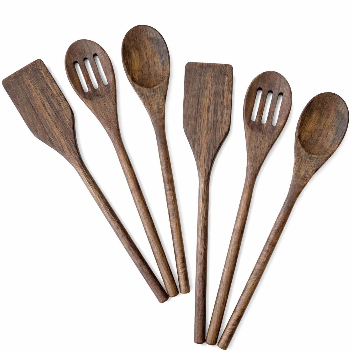 com-four® set utensili cucina 6 pezzi in legno di acacia – cucchiaio, spatola e cucchiaio forato – accessori robusti e delicati per padelle e pentole (acacia in 6 pezzi)