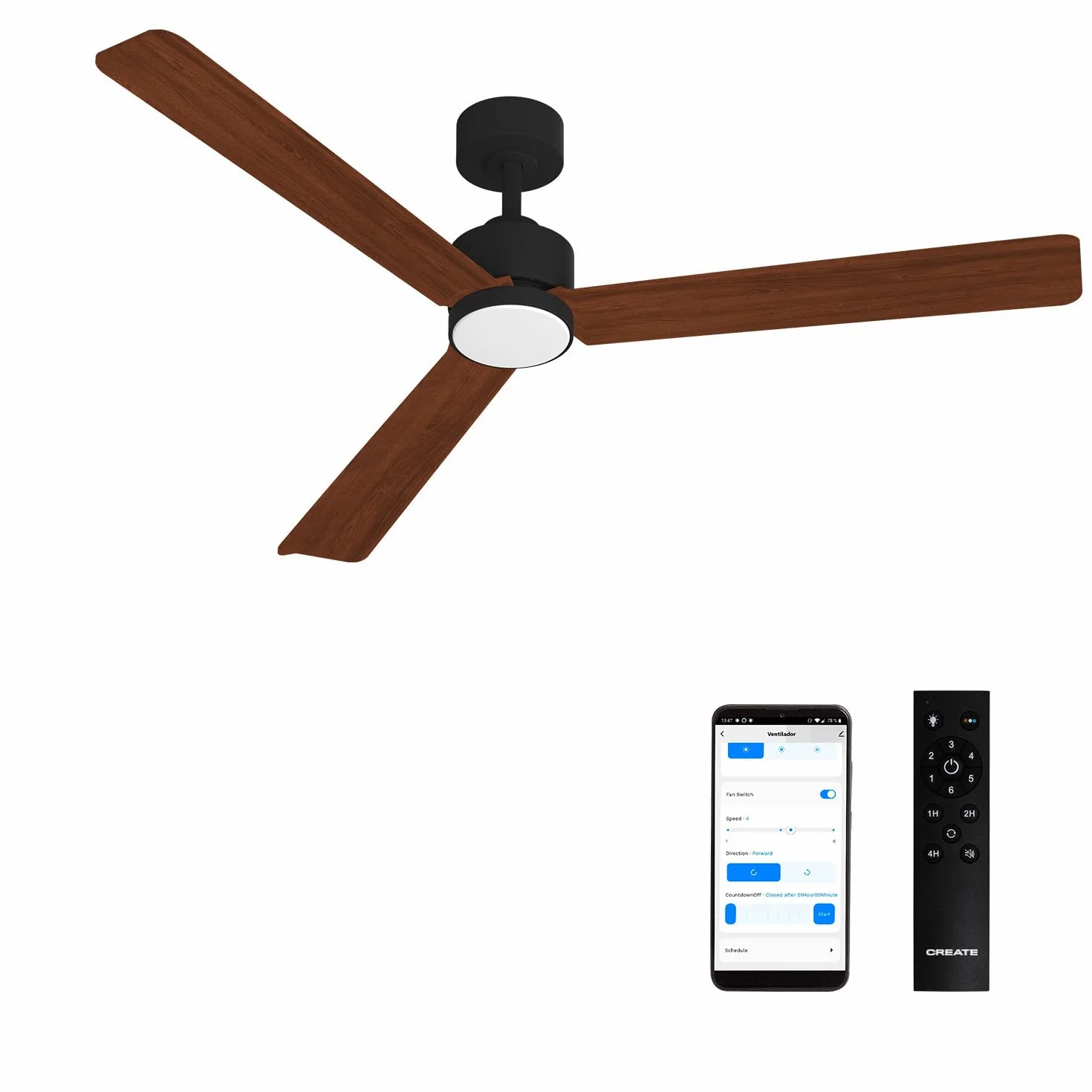 CREATE / WIND MODERN L/Ventilatore da soffitto con luce nero legno scuro con WiFi e telecomando / 40W, Luce LED 3 temperature, Ø152 cm, funzione estate-inverno