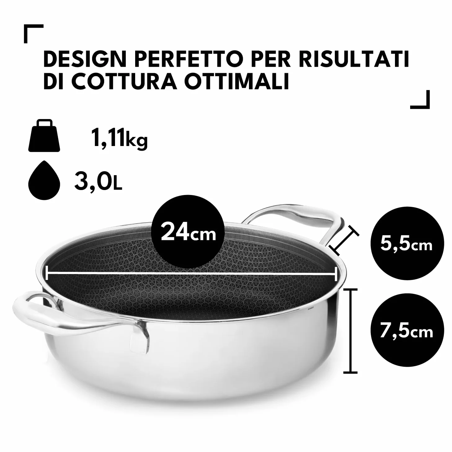 Onyx Cookware padella stufato 24 cm 3 l, bordo alto, per induzione e tutti i piani cottura, antiaderente antigraffio, 3 strati acciaio inox/alluminio