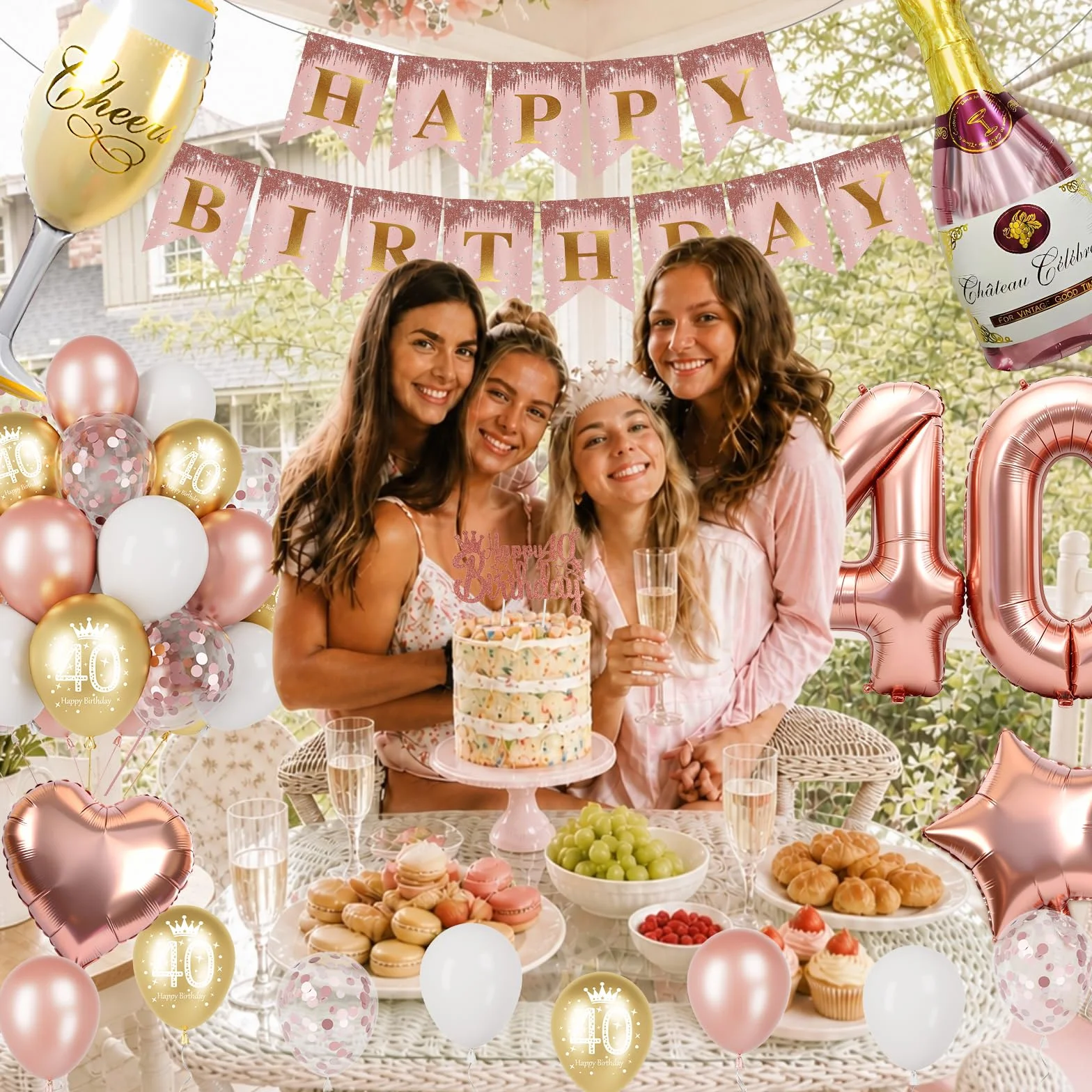 Palloncini 40 Anni Compleanno Donna Rose Gold, Decorazioni 40 Anni, Palloncino Numero 40, Bottiglia Champagne, Calice, Cuore e Stella Foil, Banner Happy Birthday, Cake Topper, Accessori Festa