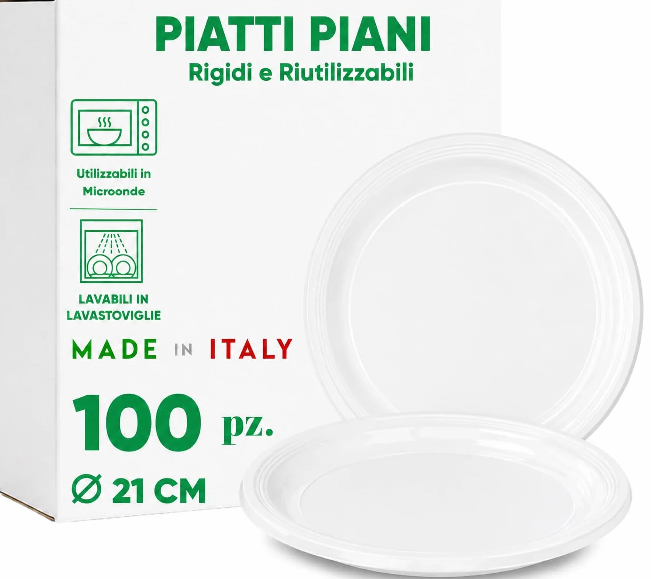 Generico Piatti Piani di Plastica Rigidi Riutilizzabili 21 cm 100 Pezzi Idonei Microonde e Lavastoviglie Made in Italy