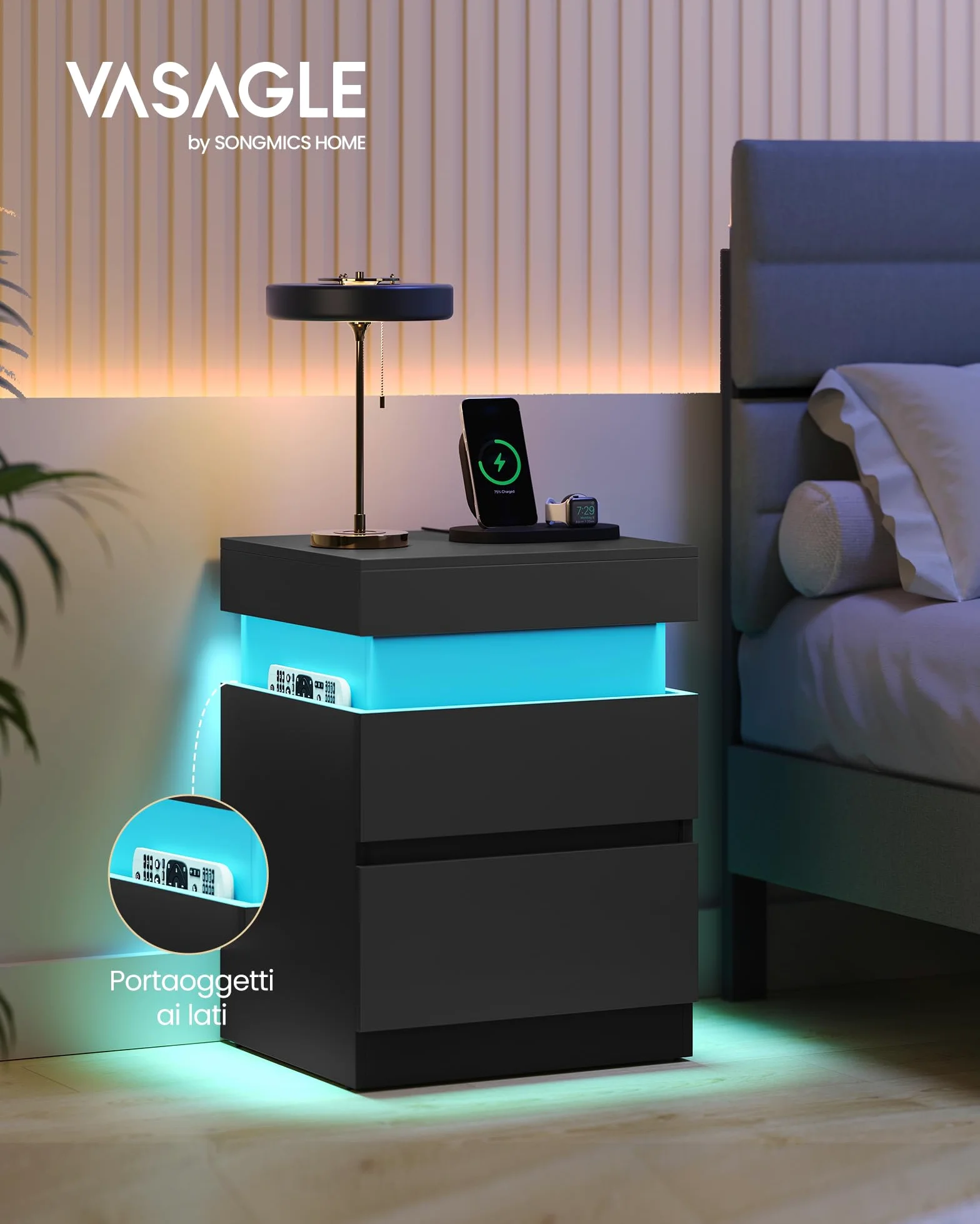 VASAGLE KAILYN Collezione - Comodini con Multipresa, Set di 2, Tavolini con Piano Scorrevole, 2 Cassetti, Striscia LED, Stile Moderno, 35 x 40 x 55 cm, Nero Inchiostro LET840BC01