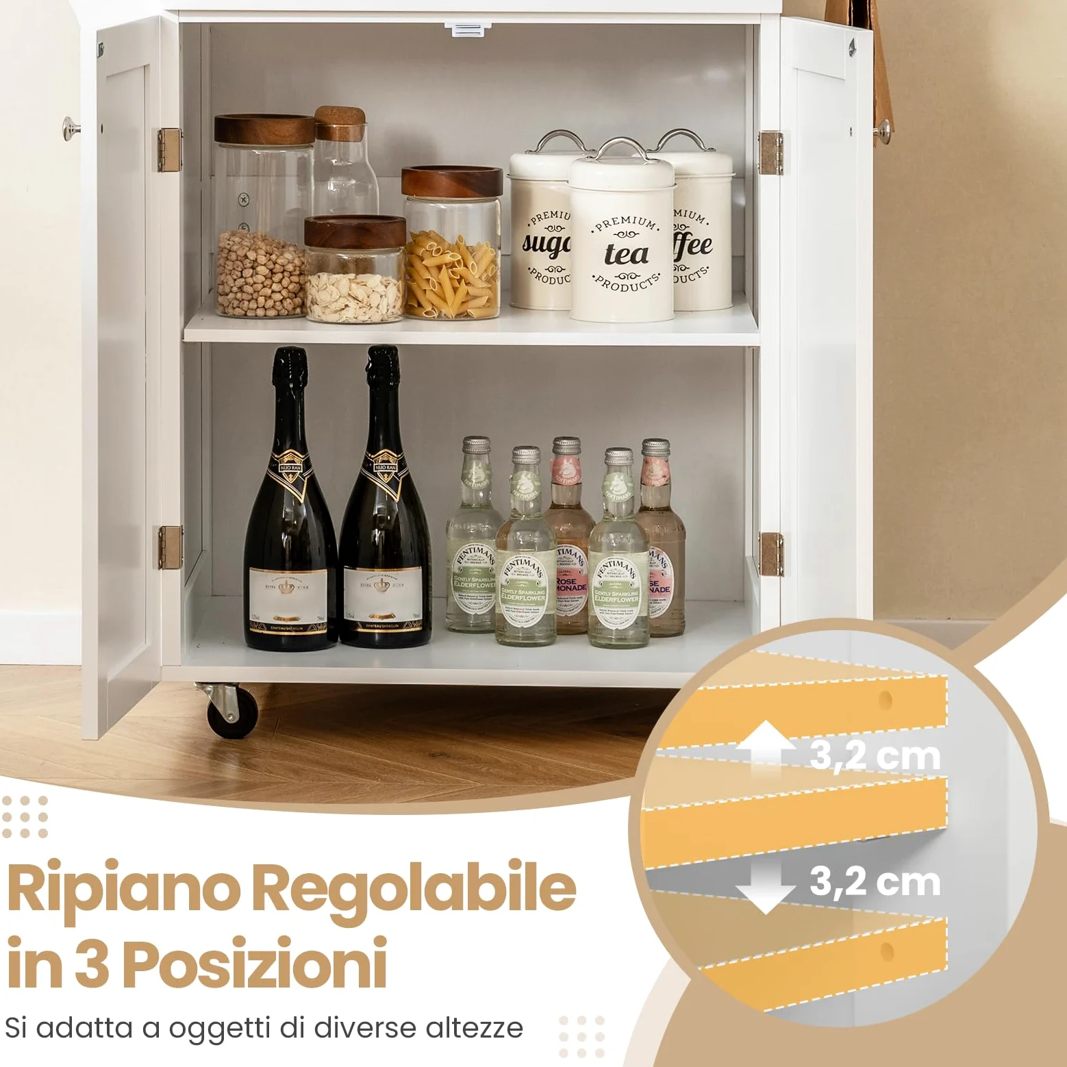 COSTWAY Isola da Cucina con Ruote, Carrello da Cucina con Cassetto e Armadio, Porta Spezie e Barre Porta Asciugamani, Armadietto Mobile con Ripiano Regolabile per Sala da Pranzo, 83x48x91 cm