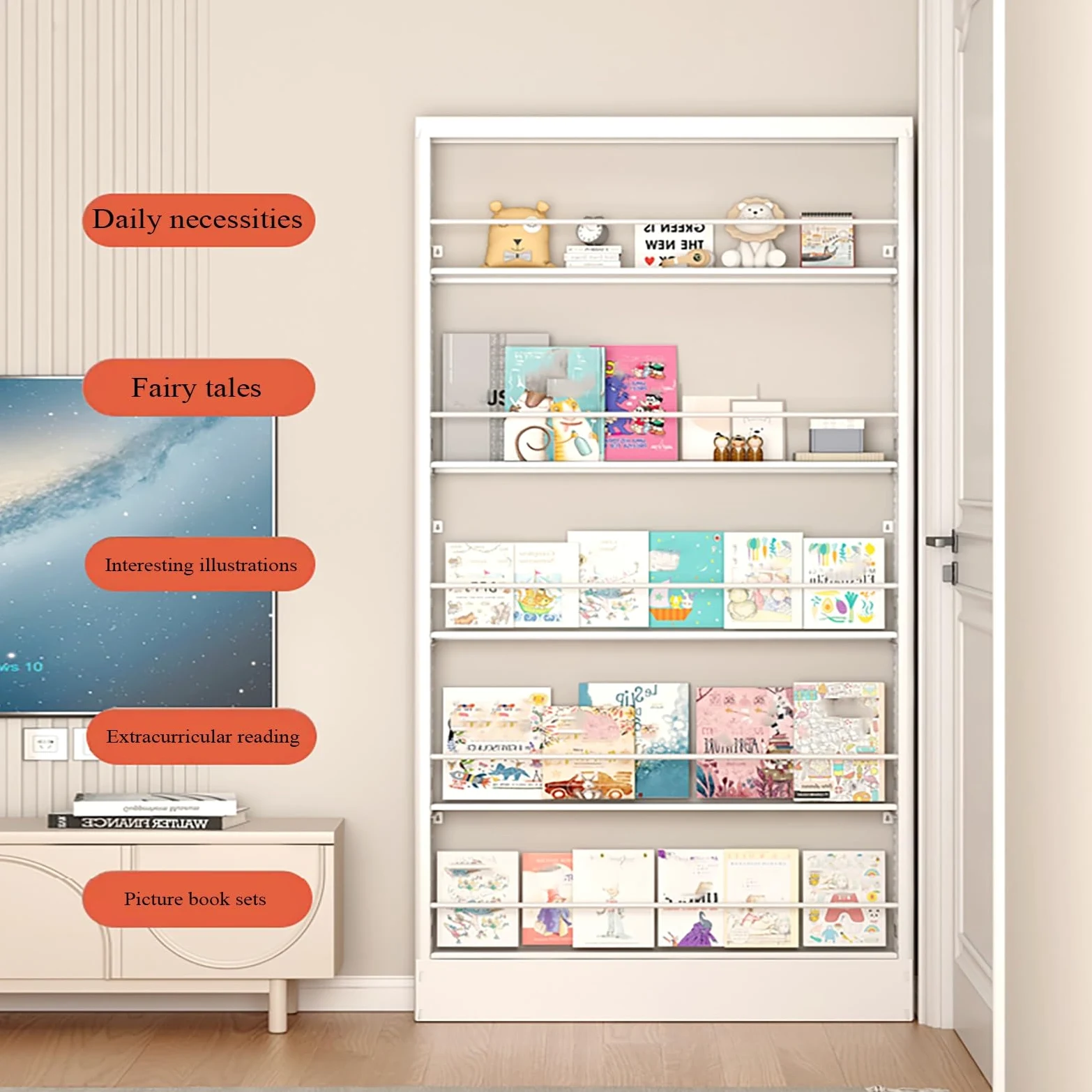 Libreria a 5 ripiani in acciaio, salvaspazio, sottile, per camera da letto, soggiorno, casa, ufficio, moderna Stora Solut per libri Decor e nizers