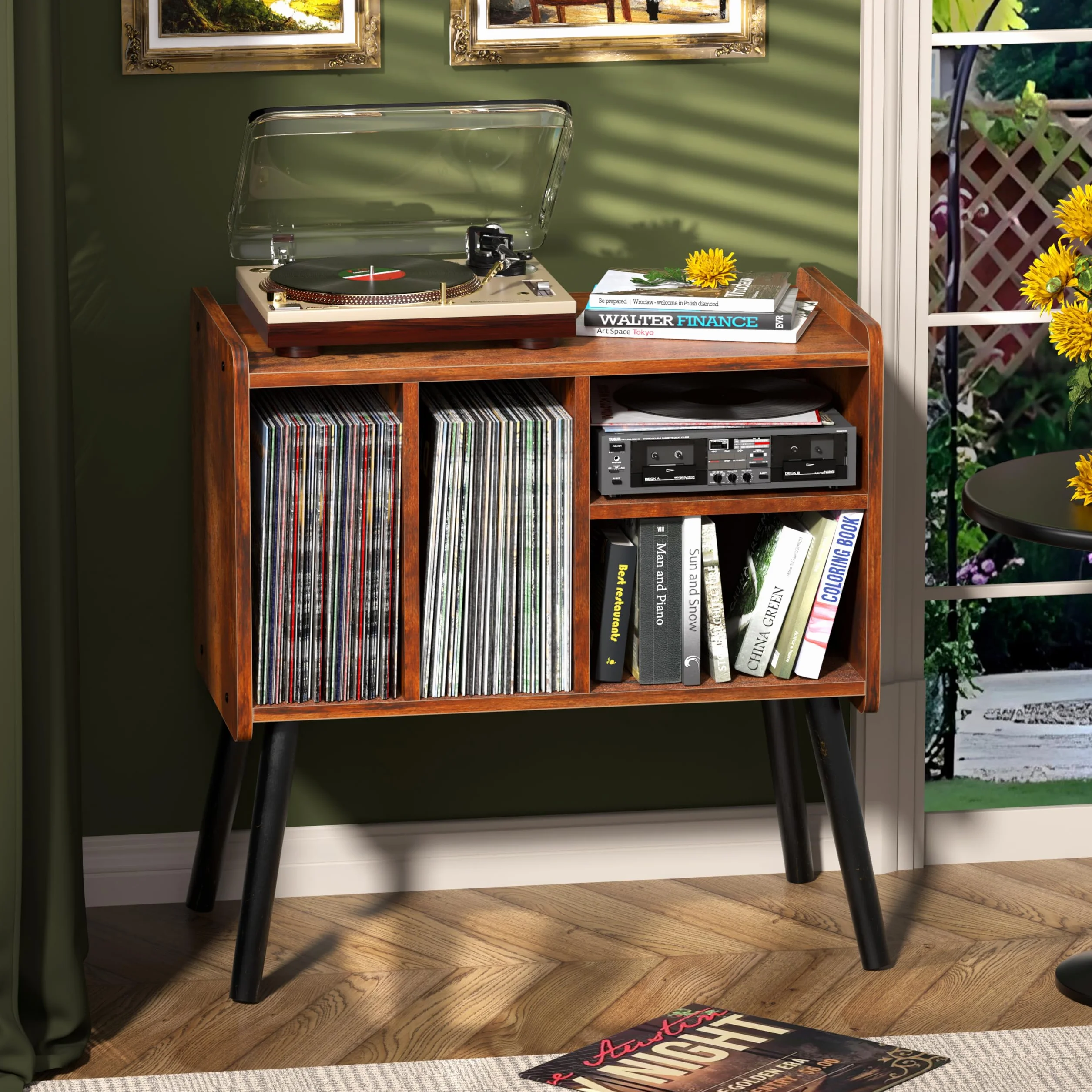 Tavolo per giradischi della metà del secolo con deposito in vinile per fino a 150+ album, armadietto in vinile con ripiani regolabili, marrone