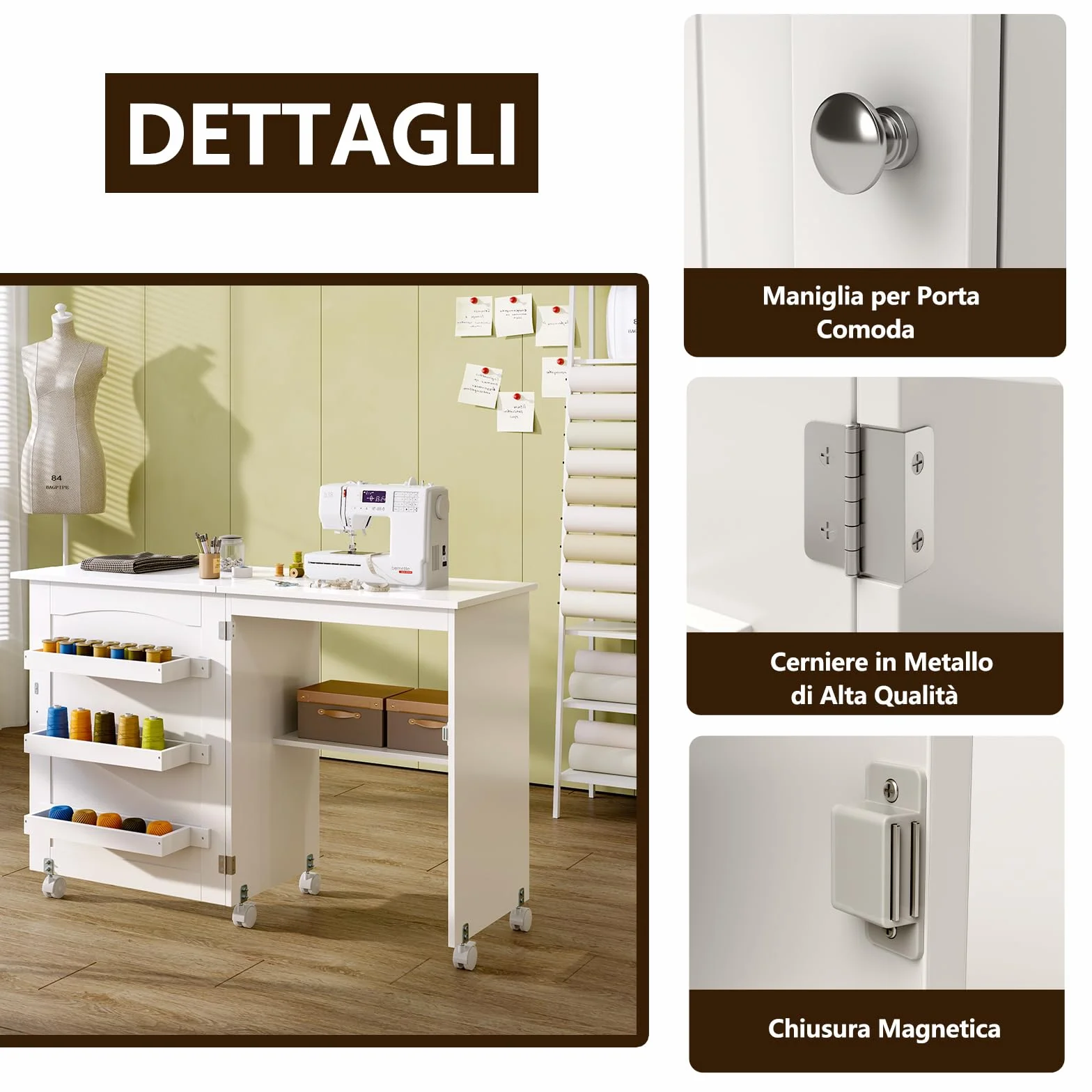 RELAX4LIFE Mobiletto per Macchina da Cucire Pieghevole su Ruote Bloccabili, Tavolo da Cucito in Legno con Ripiani Portaoggetti, Tavolino Cucito Multiuso da Studio e Salotto, 117,5x 40x 77cm (Bianco)