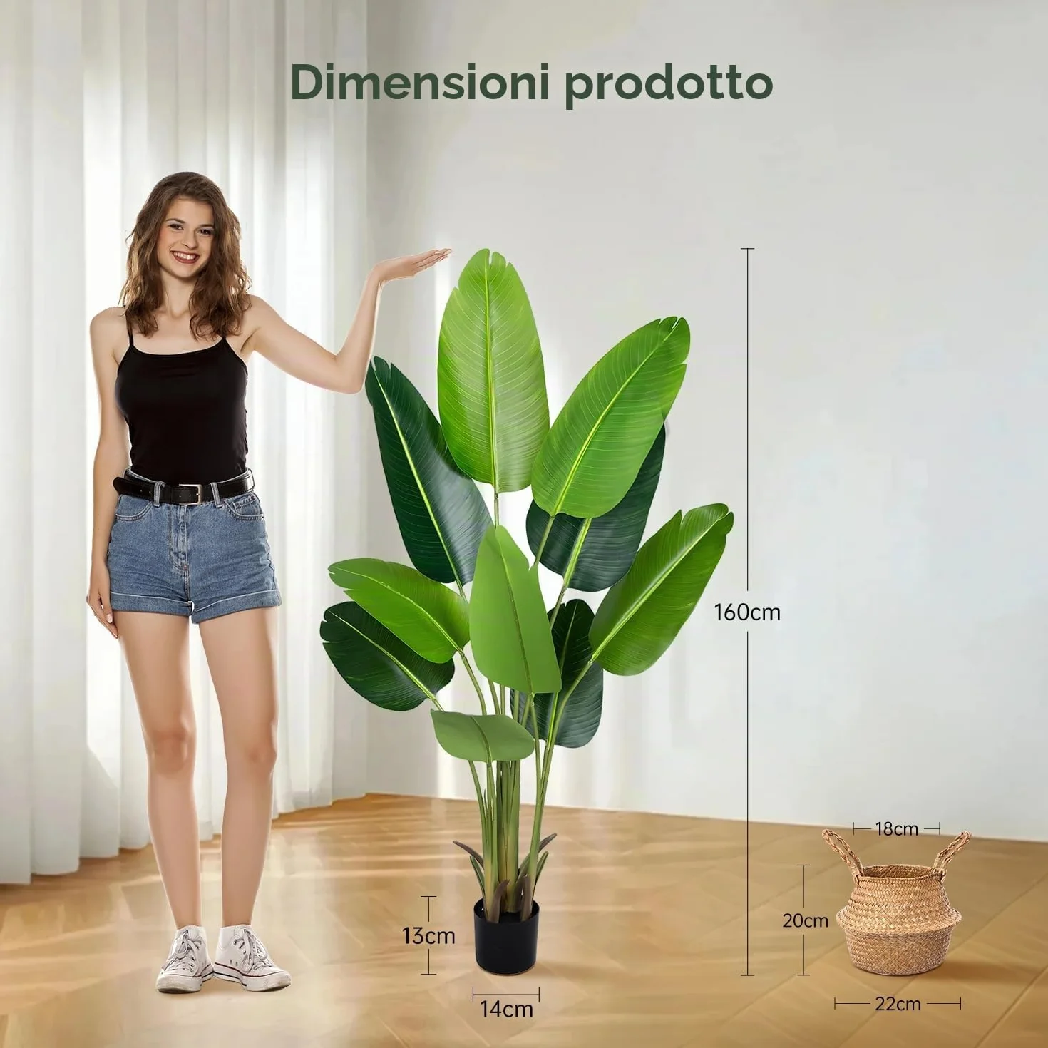 Pianta Artificiale Uccello del Paradiso 160 cm, Palma Tropicale Artificiale con 10 Foglie, Piante Artificiali in Vaso per Decorazione Interni Esterni, Soggiorno, Ufficio, Giardino, Regalo