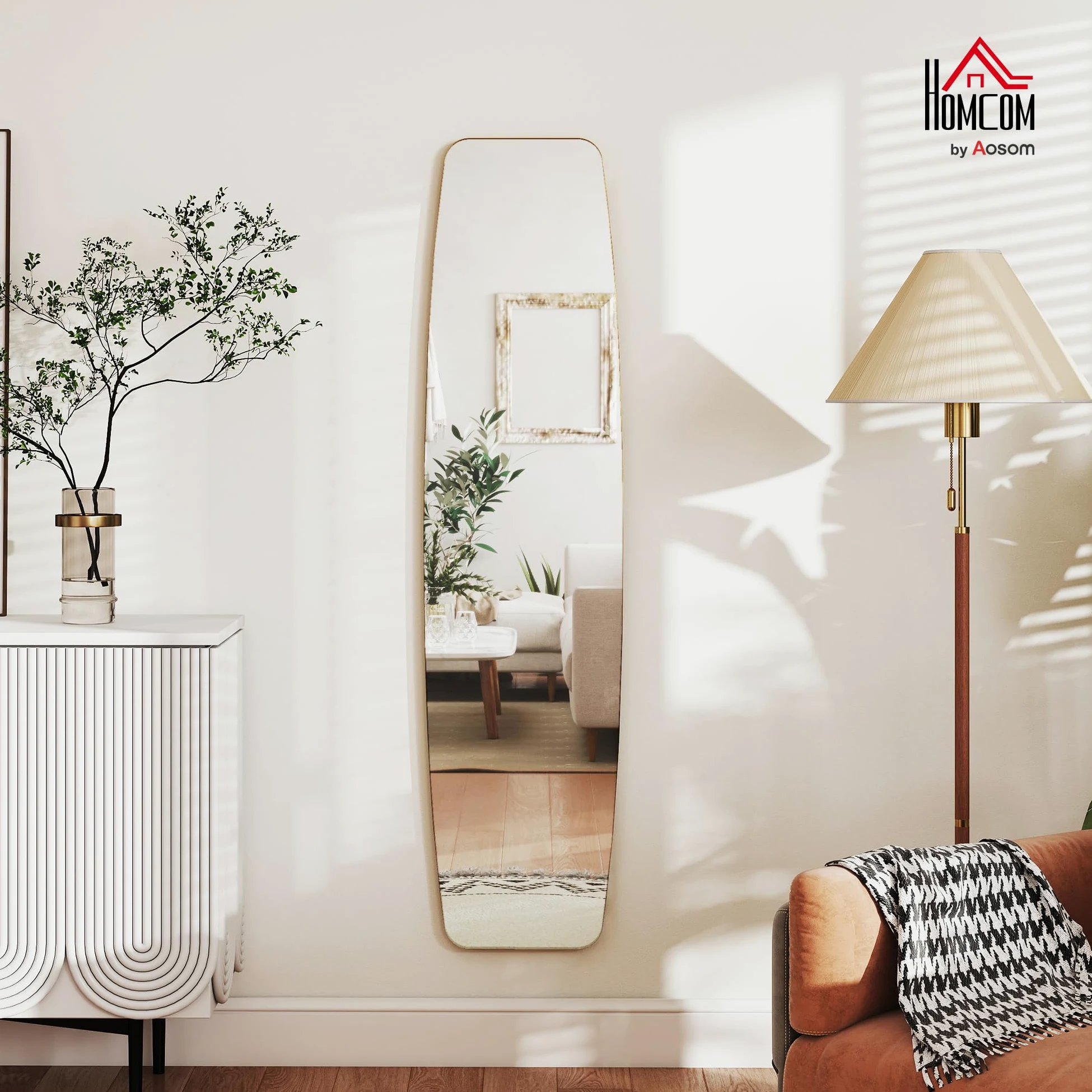 HOMCOM Specchio da parete, 160 x 40 cm, con angoli arrotondati, finestra con cornice in metallo, decorazione per corridoio, camera da letto, soggiorno, oro