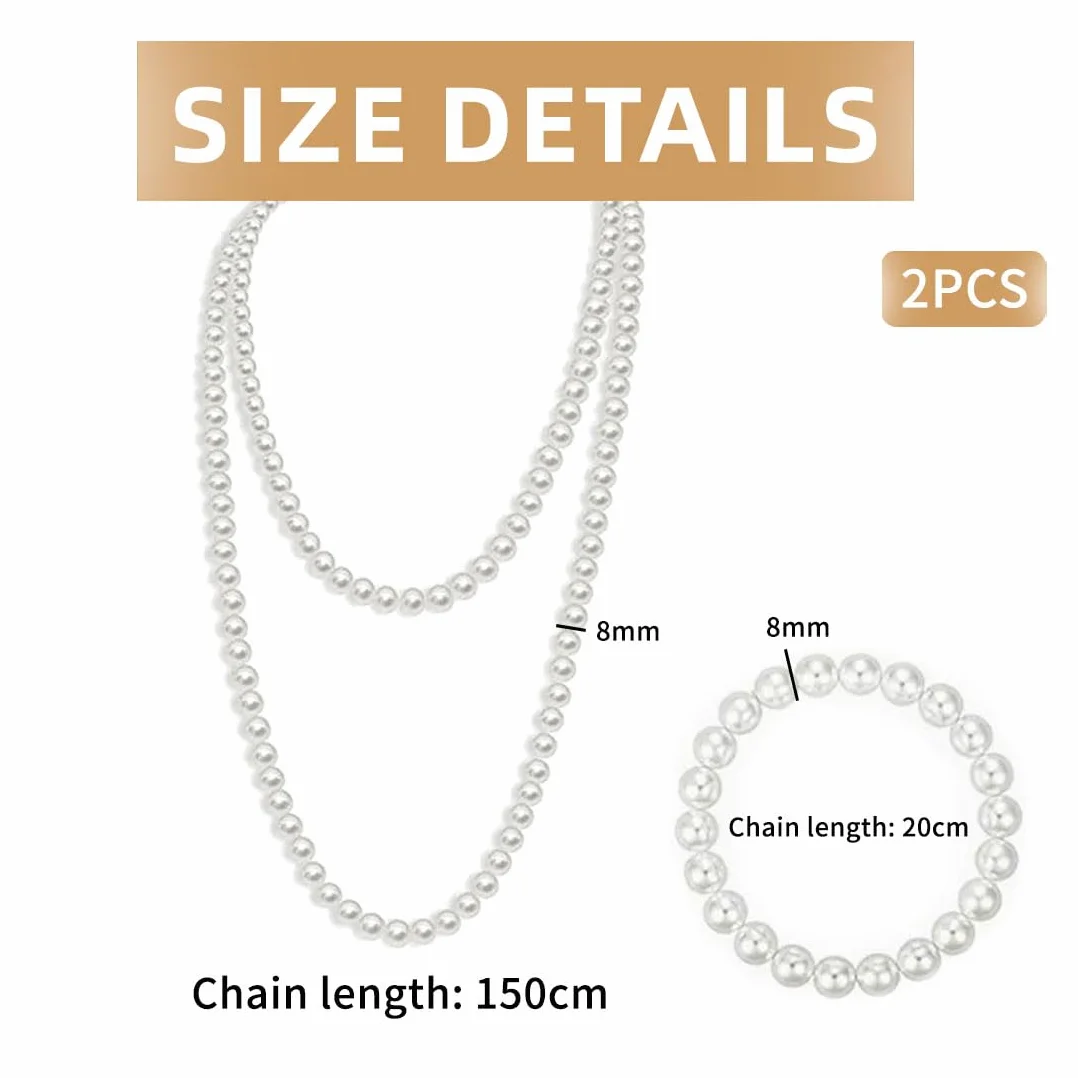 Collana di Perle Bianca 150cm con Bracciale, 1920s Costume Accessori Elegante Lunga Collana di Signore in Bianco