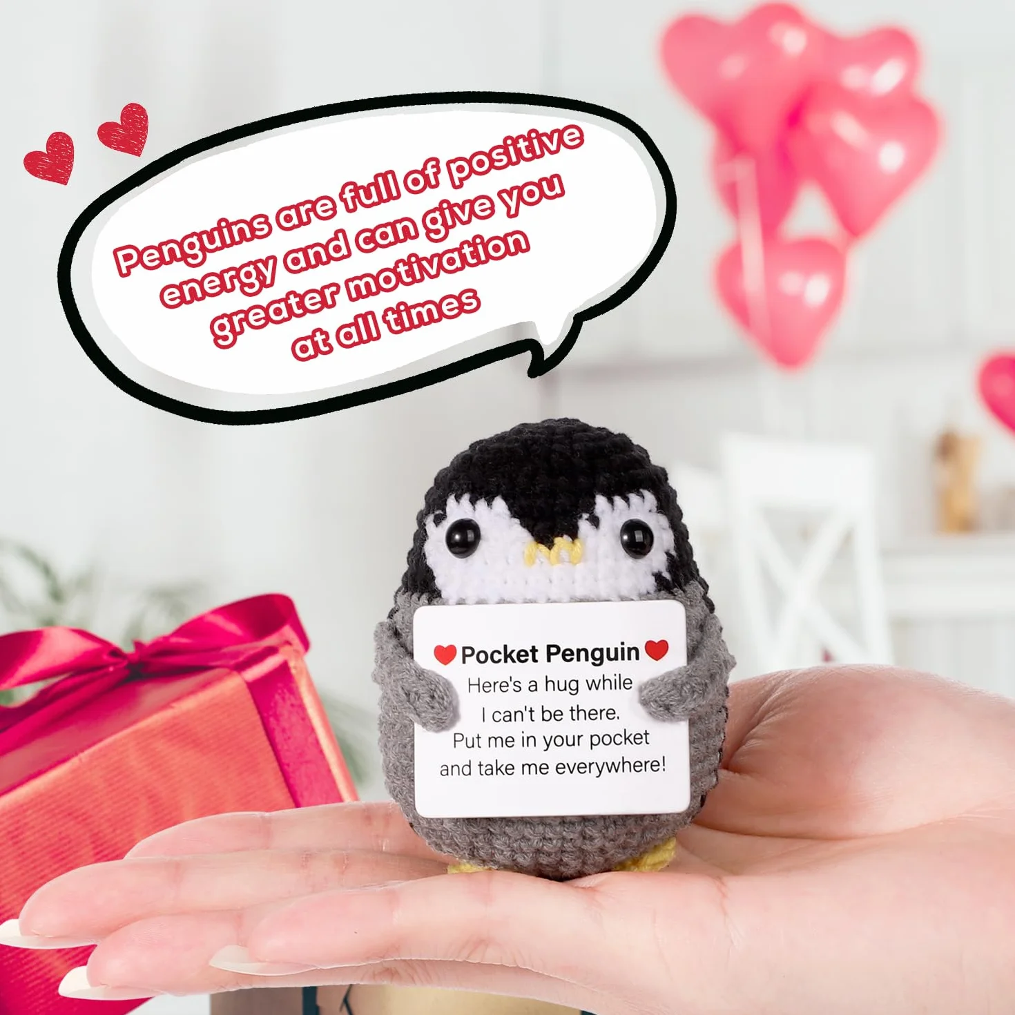 BOXOB Divertente pinguino tascabile, 6,6 cm, lavorato a maglia, con biglietto, grazioso pinguino in lana all'uncinetto, regalo creativo per incoraggiare la casa, per amici e familiari, incoraggiamento
