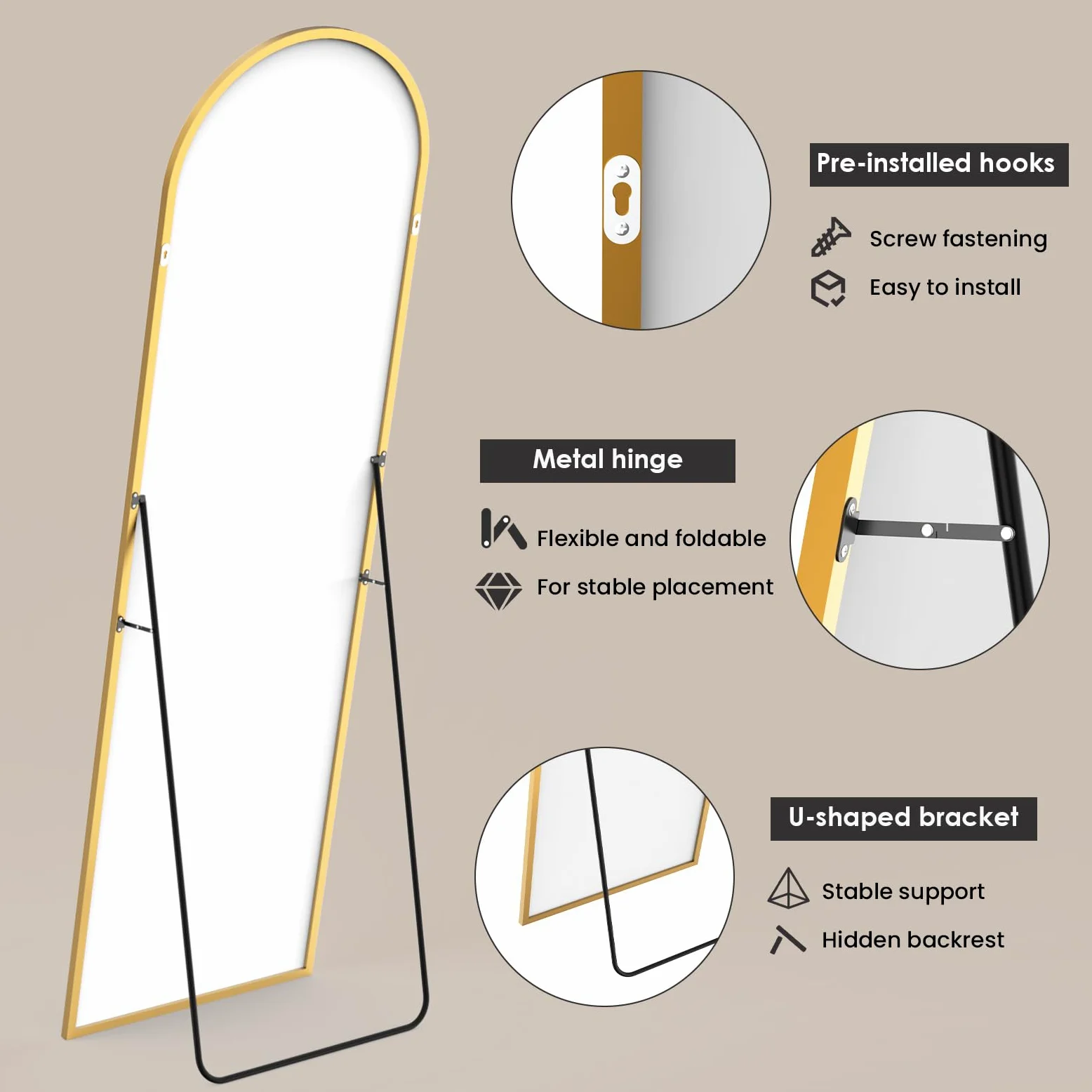Specchio a Figura Intera 165 x 60 cm, Specchio da Terra ad Arco con Supporto, Vetro Temperato, Cornice in Lega di Alluminio, Camera da Letto Soggiorno
