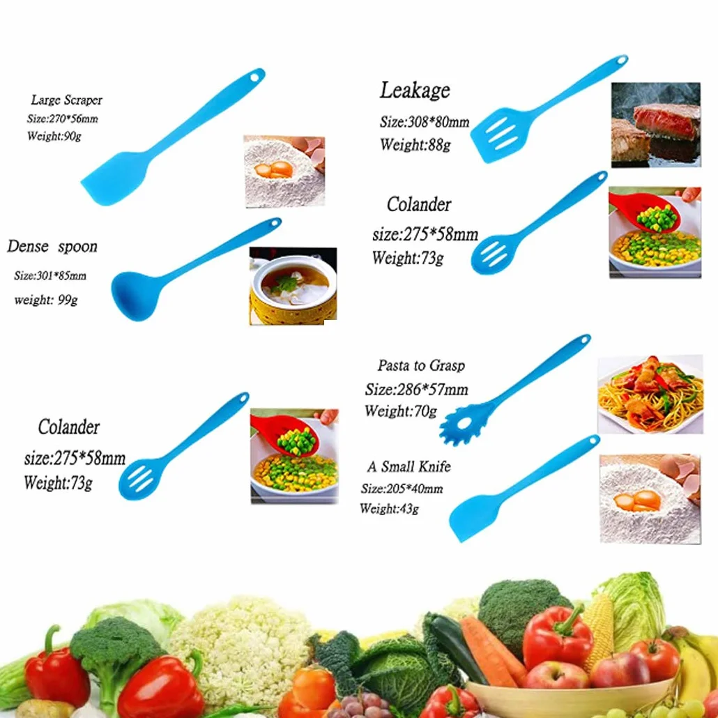 Hoshen, set di 10 utensili da cucina in silicone antiaderenti, 5 colori, stile 10 pezzi, spatola da cucina resistente al calore - Blu