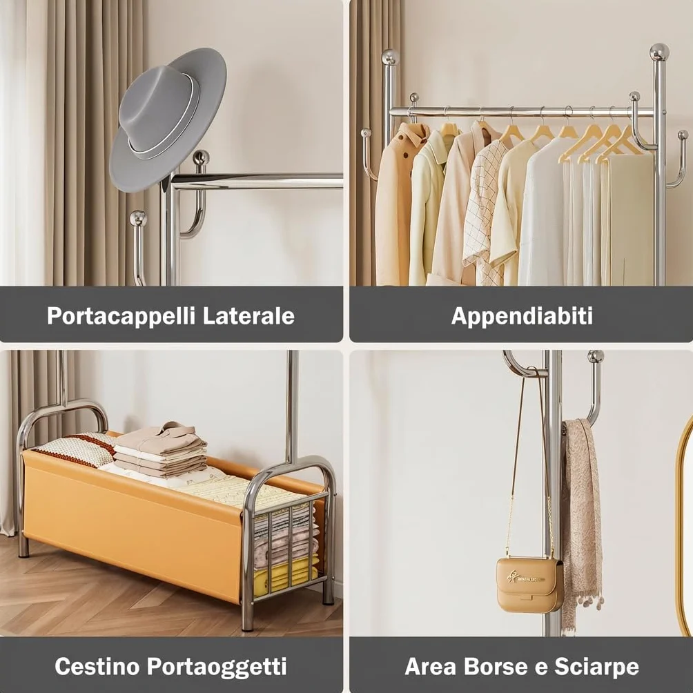 Porta Abiti da Terra in Acciaio Inox con Cestino Portaoggetti in Pelle 115 kg