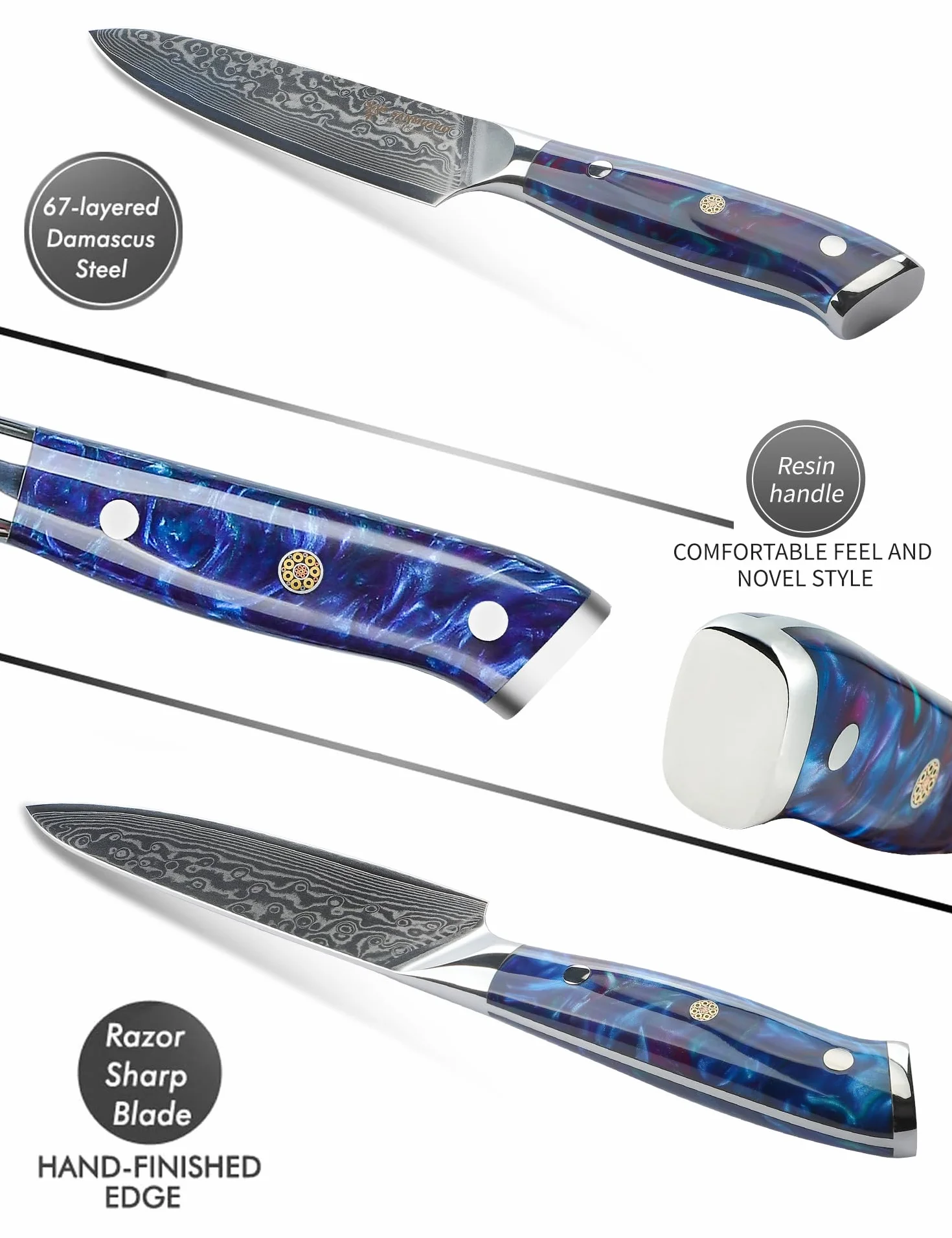 Xuan Series Coltello Universale Damasco 13 cm 67 Strati Acciaio Damasco Resina Blu Zaffiro