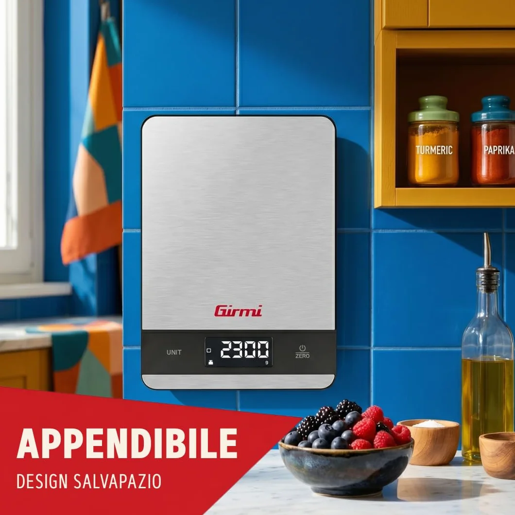 Girmi PS05 Bilancia da cucina Elettronica, 1 gr/5Kg, Piatto Inox, Display ad alta luminosità, Autospegnimento, Funzione TARA, Indicatori di errore, Display 50 x 22, Appendibile, Grigio