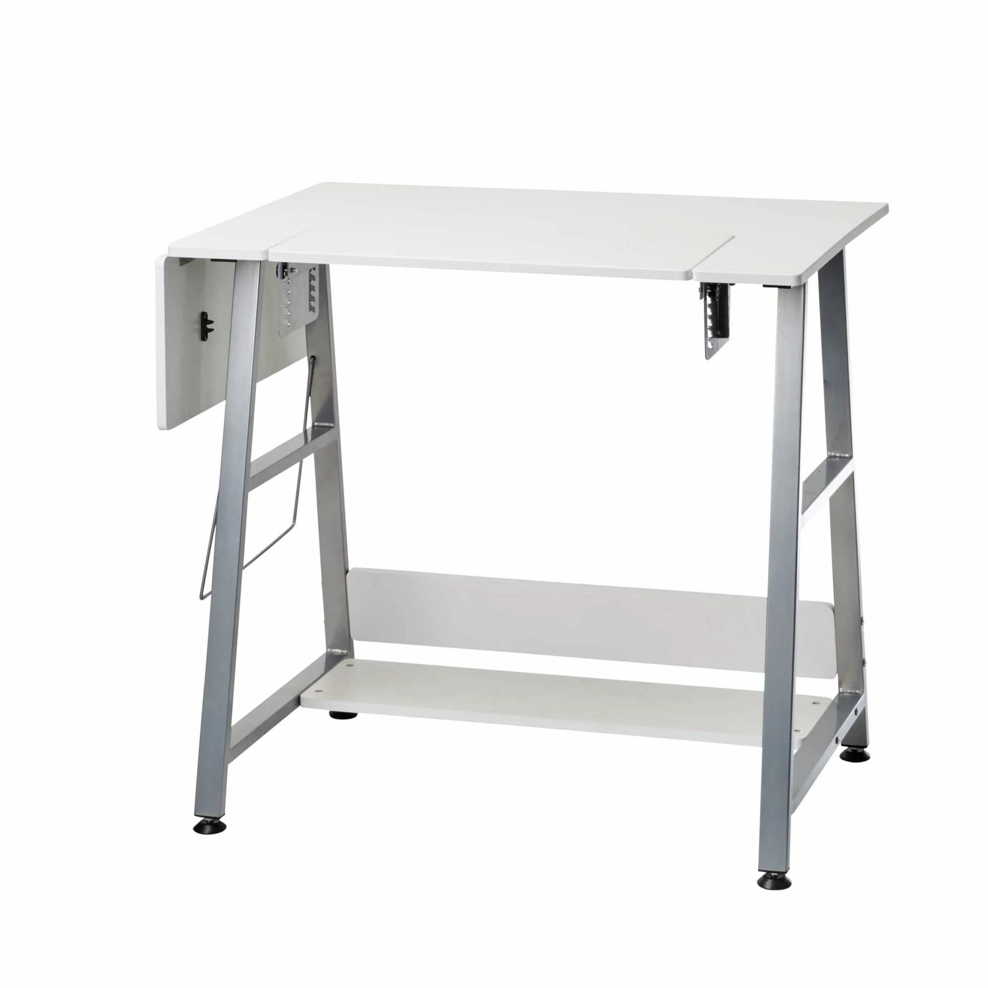 Tavolo da Cucito Piccolo Bianco con Gambe Argento per Macchina da Cucire con Piattaforma Regolabile