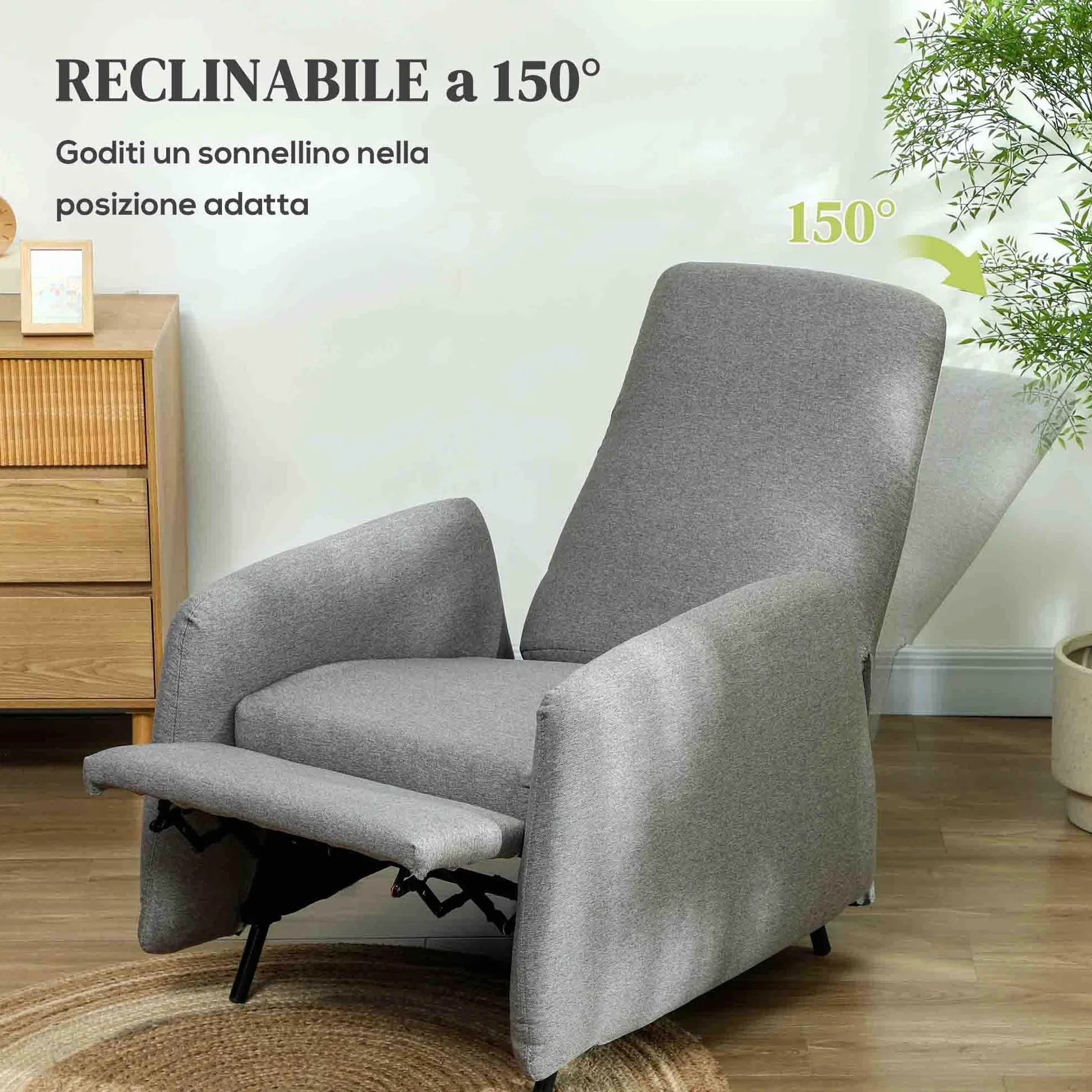 HOMCOM Poltrona Relax Reclinabile Manuale con Poggiapiedi, Poltrona Reclinabile in Tessuto Effetto Lino, Copertura Rimovibile per Camera da Letto, Soggiorno e Salotto, Grigio