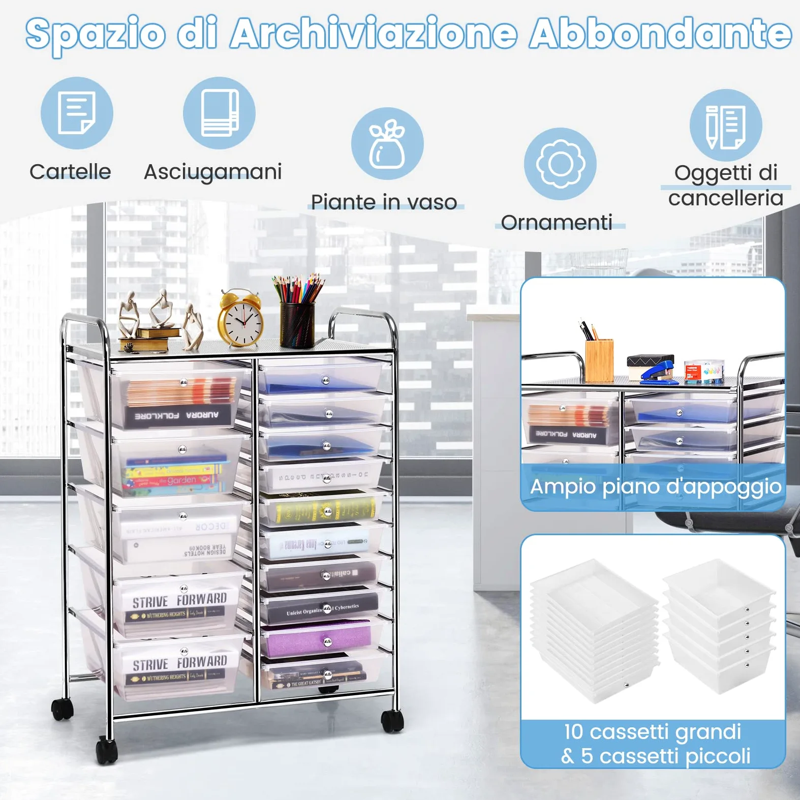GYMAX Carrello Portaoggetti con 15 Cassetti Staccabilea, Carrellino Salvaspazio con Ruote, per Uffici, Parrucchieri, Studio, Soggiorno, 62,5 x 37 x 87 cm (TRASPARENTE)