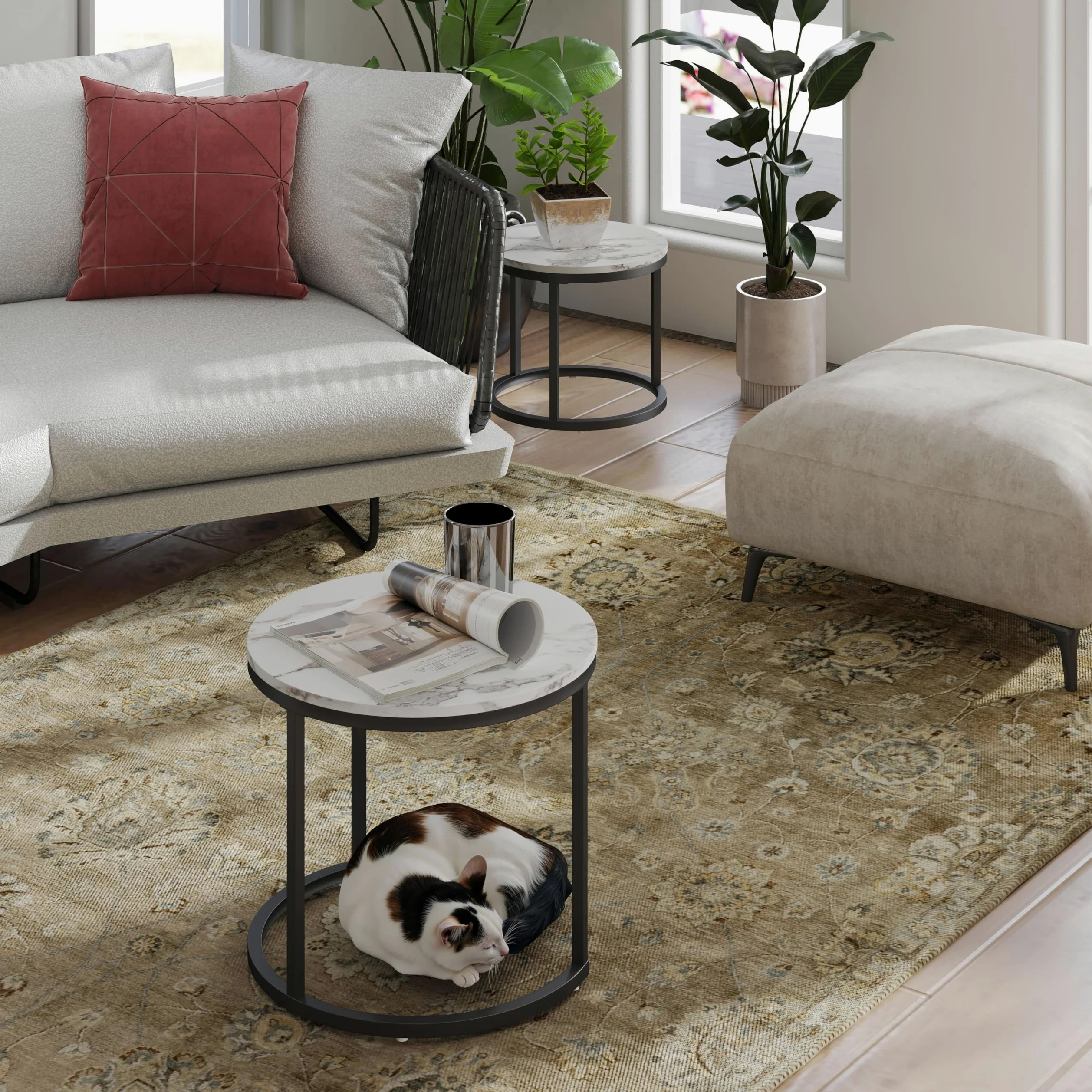 Tavolino Salotto Rotondo, Set di 2 Tavolino Soggiorno Moderno, Gamba in Metallo Nero, Adatto per Soggiorno, Caffetteria, Lounge 50x45cm +40x35cm (Bianco+Nero)