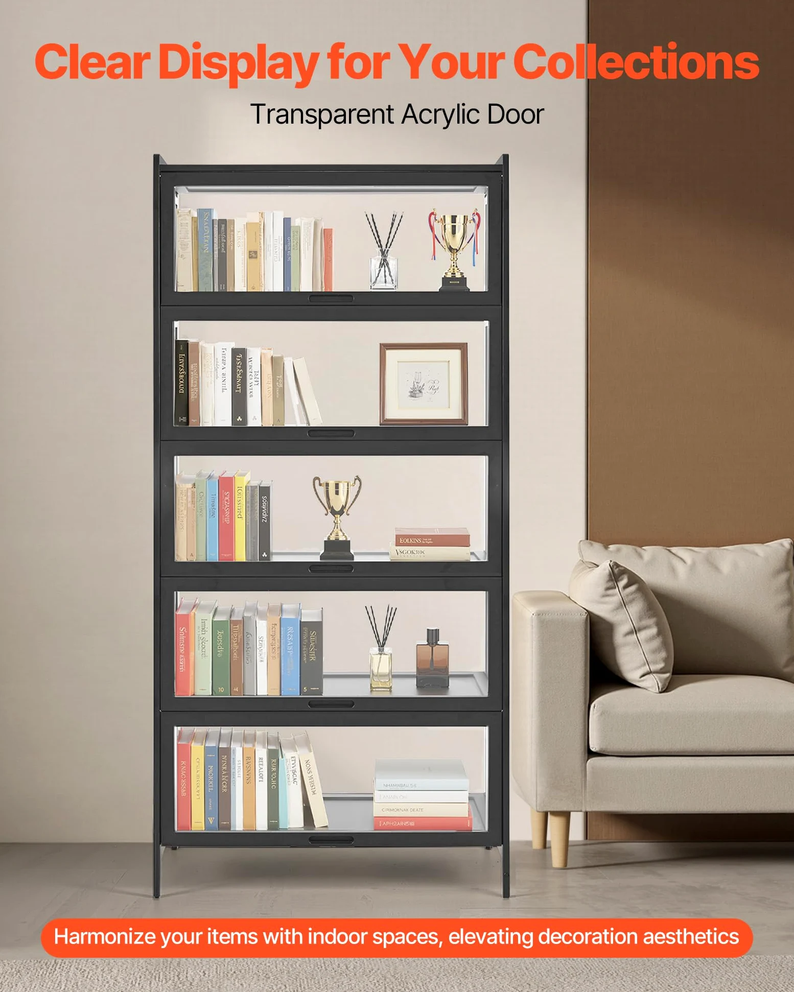 VEVOR Vetrina con Ante in Acrilico, Vetrina per Oggetti Curiosi a 5 Ripiani Alta 1720 mm, in Legno Naturale, per Giocattoli da Collezione, Libreria per Casa, Ufficio, Sala Giochi, Soggiorno