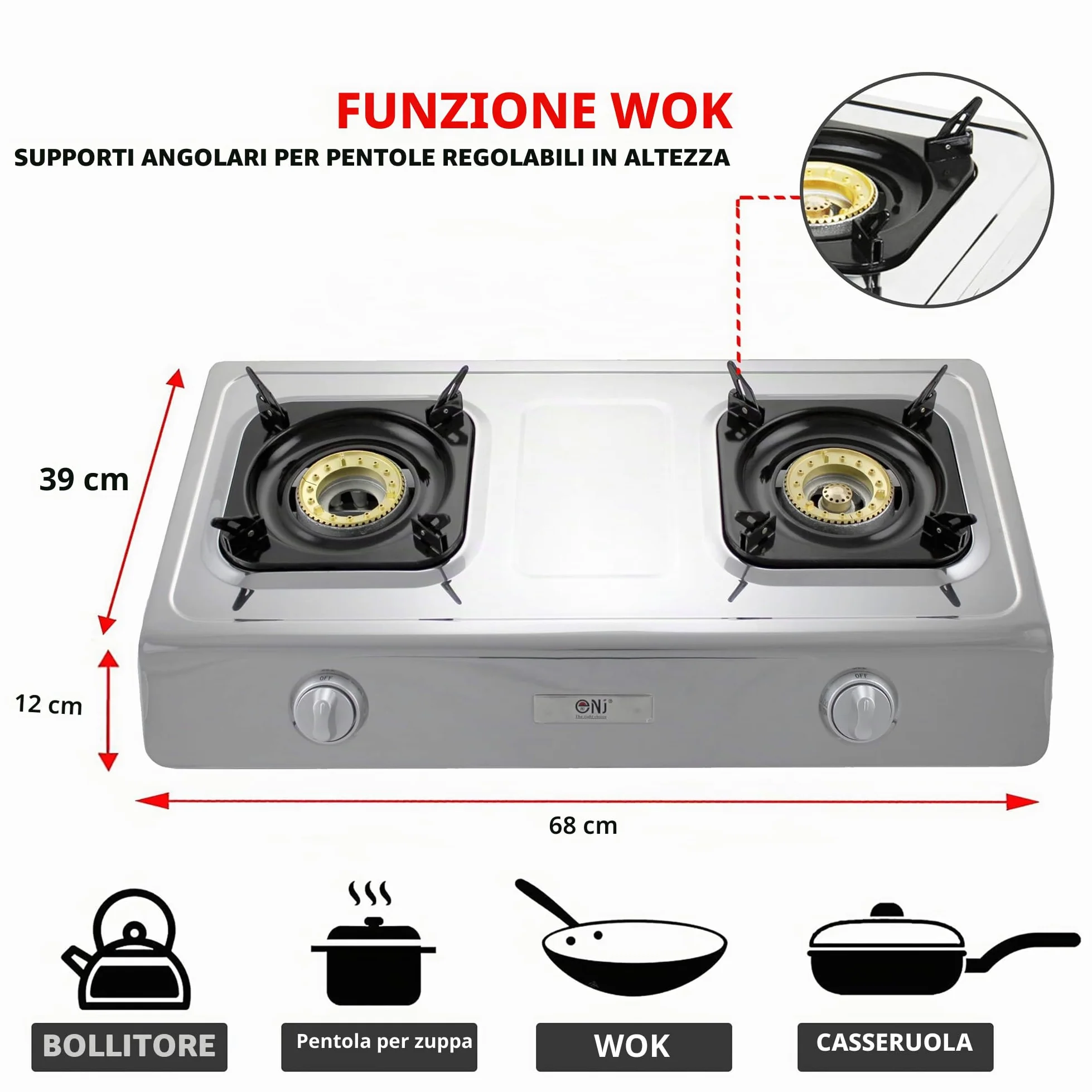 NJ NGB-200 Fornello a Gas Portatile 2 Fuochi Inox per Campeggio