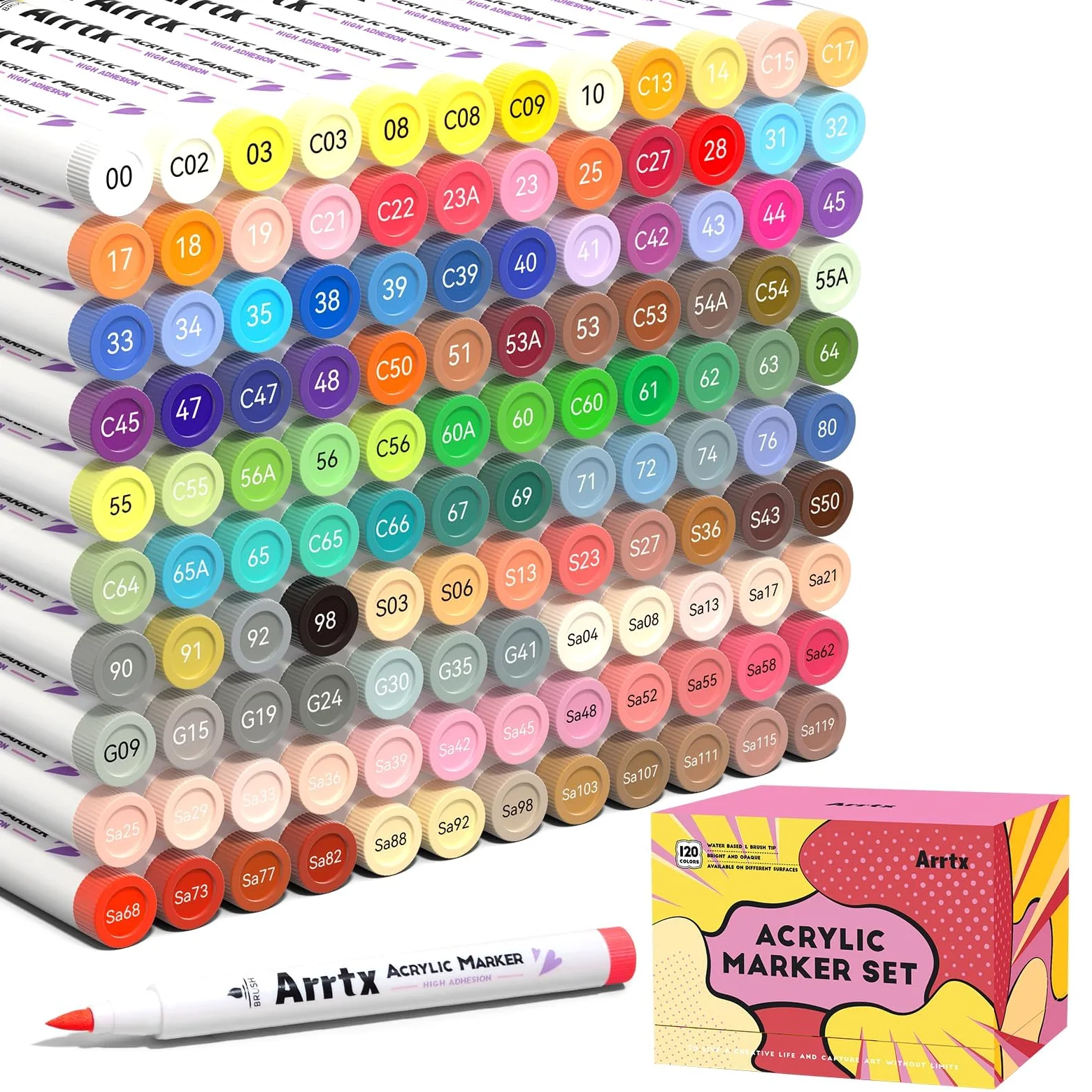 Arrtx Pennarelli acrilici 120 colori, pennarello acrilico con punta a pennello impermeabile per pittura su roccia, vetro, pietra, legno, ceramica, tessuto, metallo, asciugatura rapida per graffiti