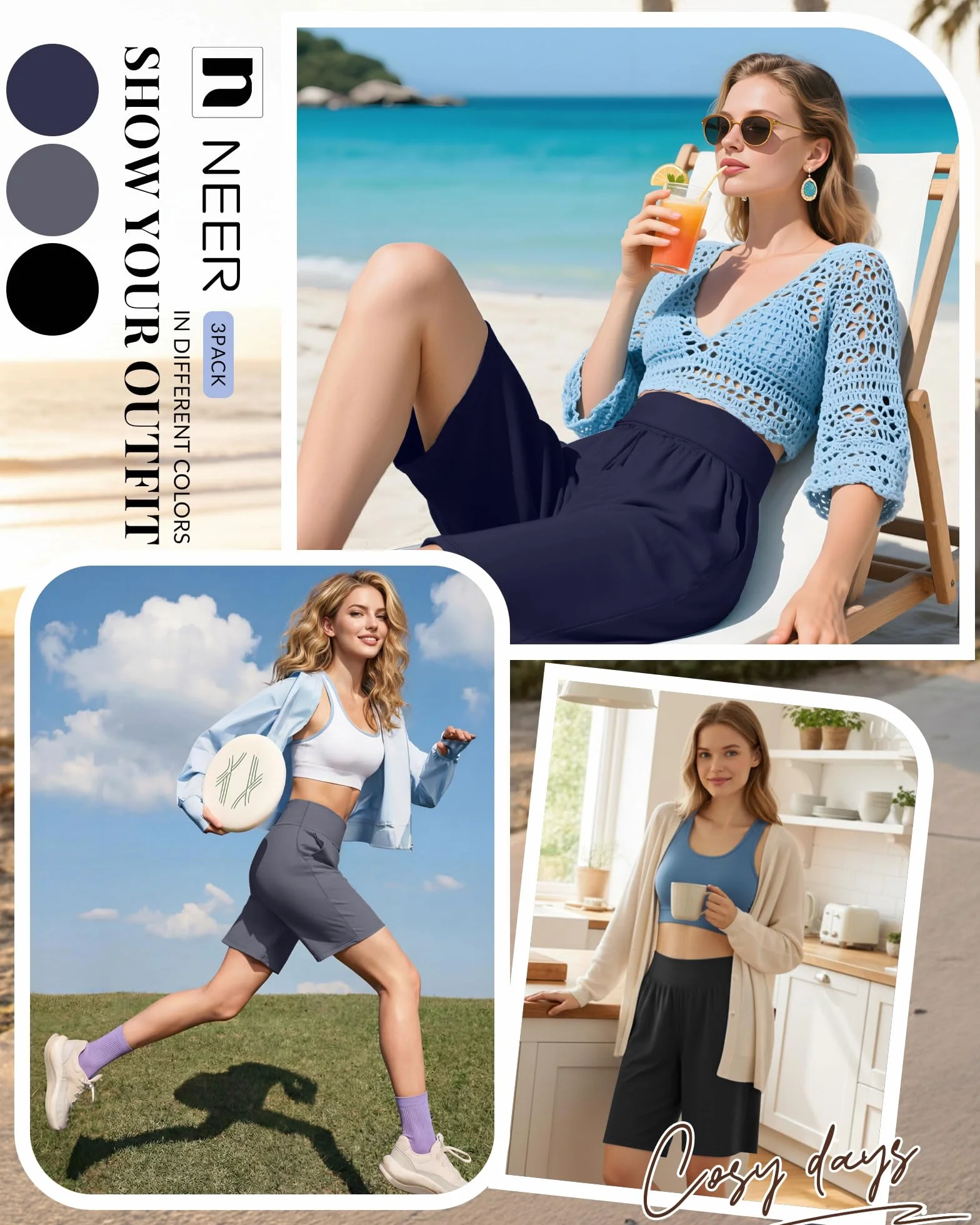 Neer Confezione da 3 Bermuda da Donna a Vita Alta, Elasticizzati Casual, Lunghezza al Ginocchio Estivi Atletici con Tasche