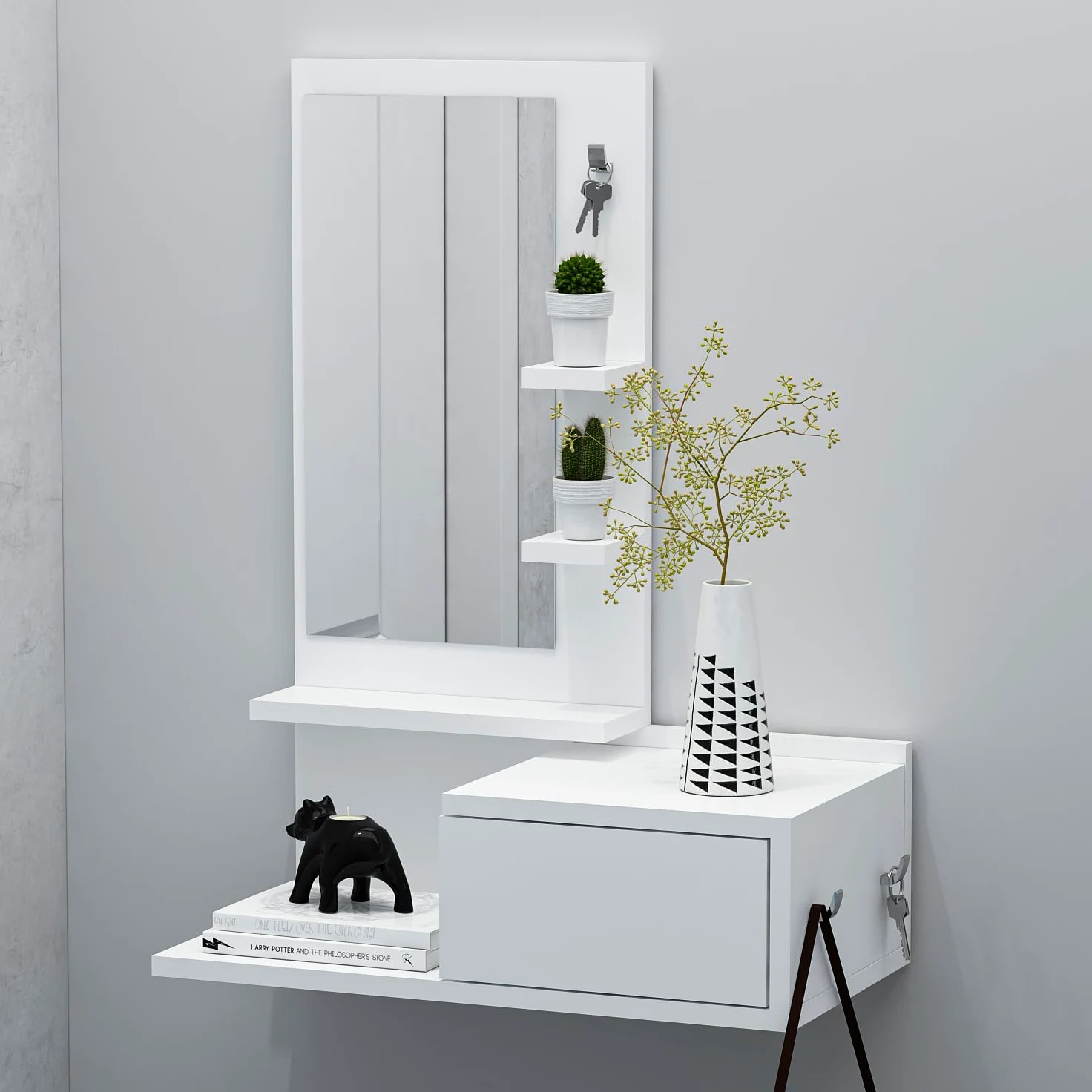 HOMIDEA ENKI Mobile sospeso per corridoio - Armadio con specchio - Armadio a parete per ingresso con cassetto, specchio e ripiano dal design moderno (bianco/bianco)