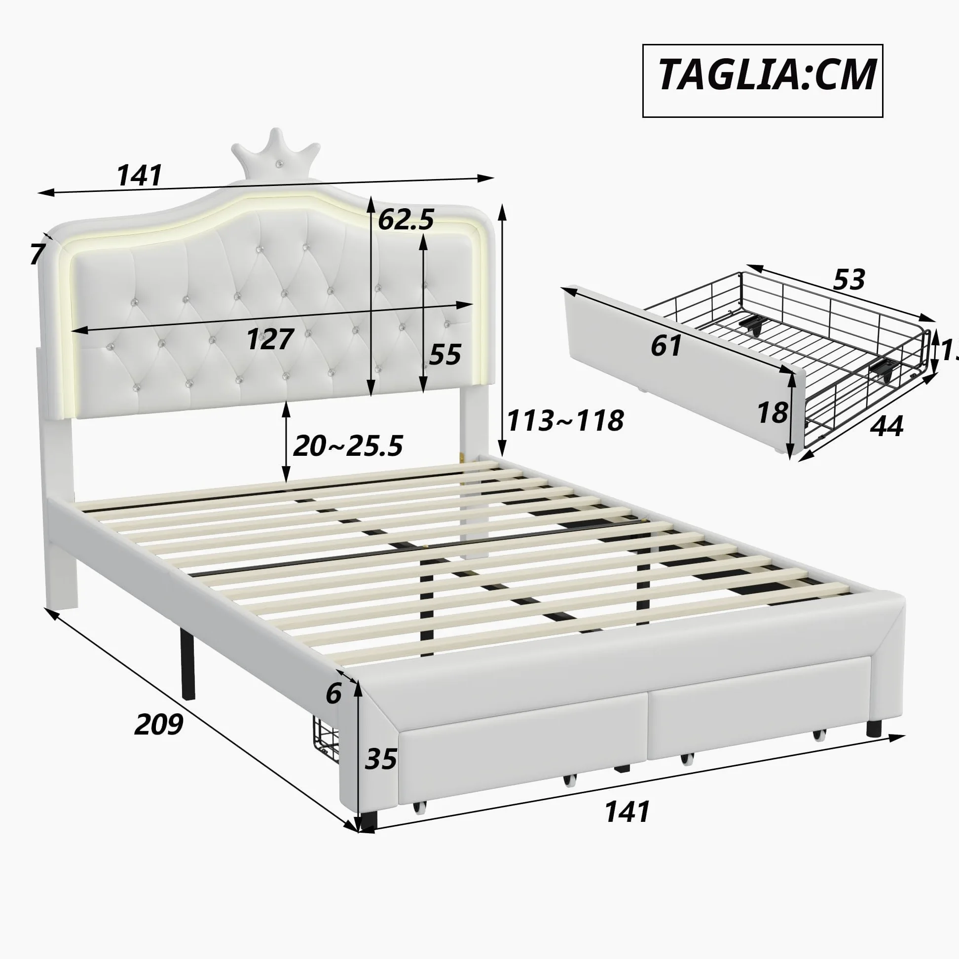 Letto imbottito 140 x 200 cm, letto principesse con illuminazione a LED, Letto matrimoniale con Testiera regolabile a forma di corona, Letto per bambini con rete a doghe e cassetto, senza materasso