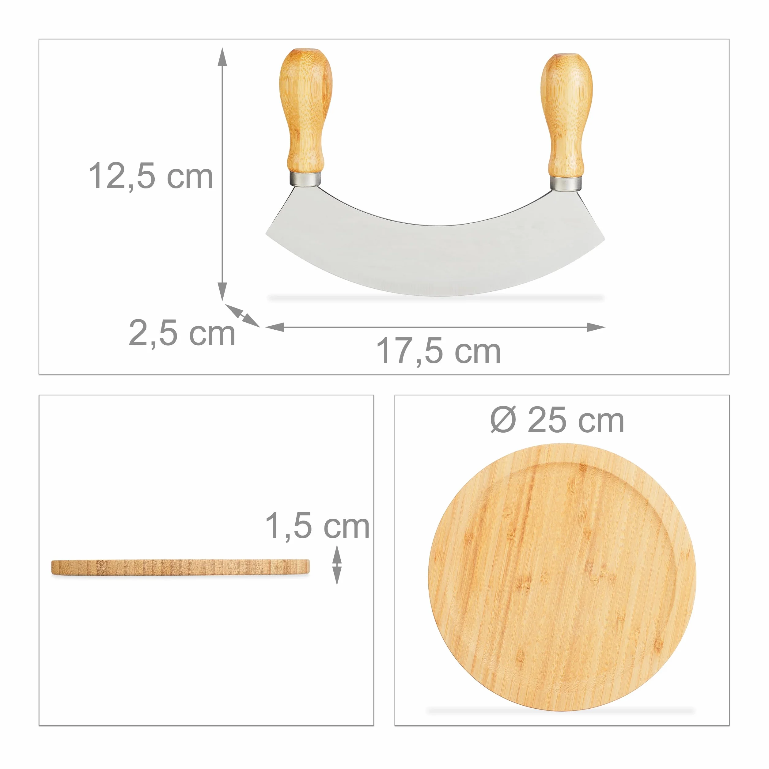Relaxdays Mezzaluna con Tagliere Ø 25cm, Coltello a Monolama Trita Erbe, in Acciaio Inox e bambù, Naturale Argentato