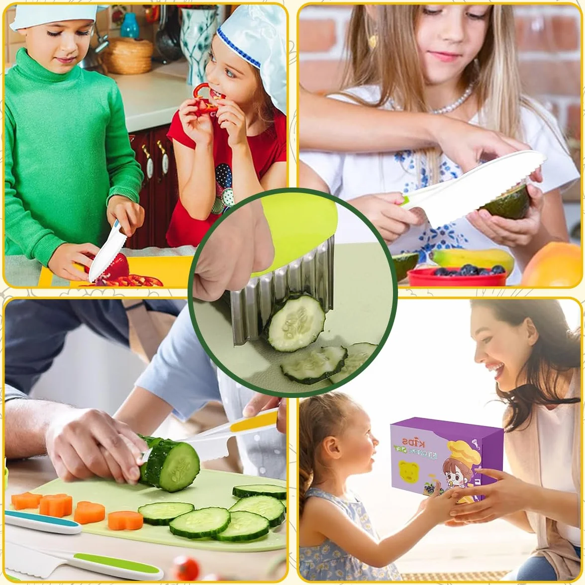 Set di 11 coltelli per bambini, coltello da cucina di sicurezza per bambini, set con formine per biscotti per verdure, coltello in legno, tagliere per bambini a partire dai 3 anni, set da cucina