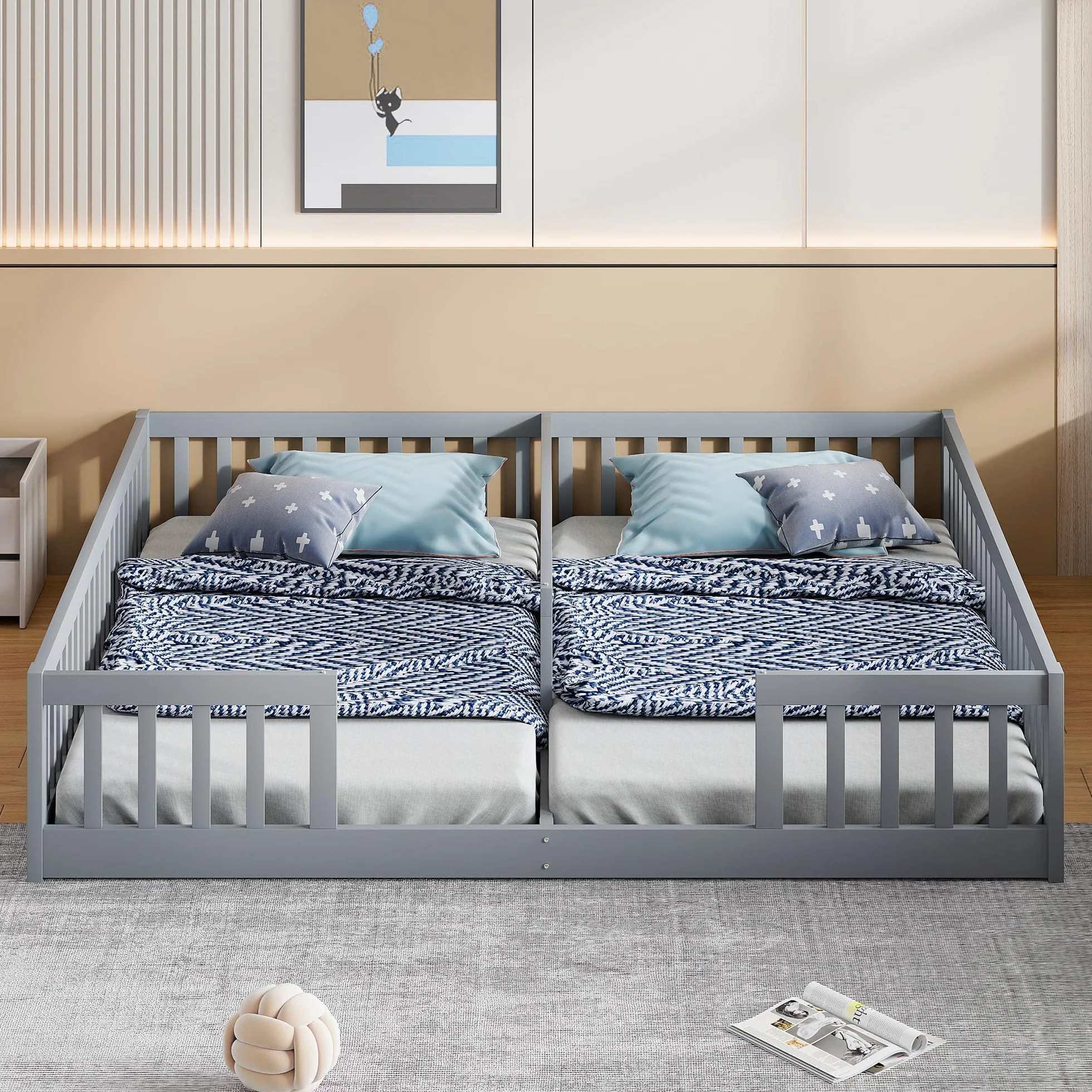 Lettino da pavimento 90 x 200 cm, con rete di sicurezza, in legno di pino, per famiglie con 2 bambini, letto gemellare con rete a doghe, grigio