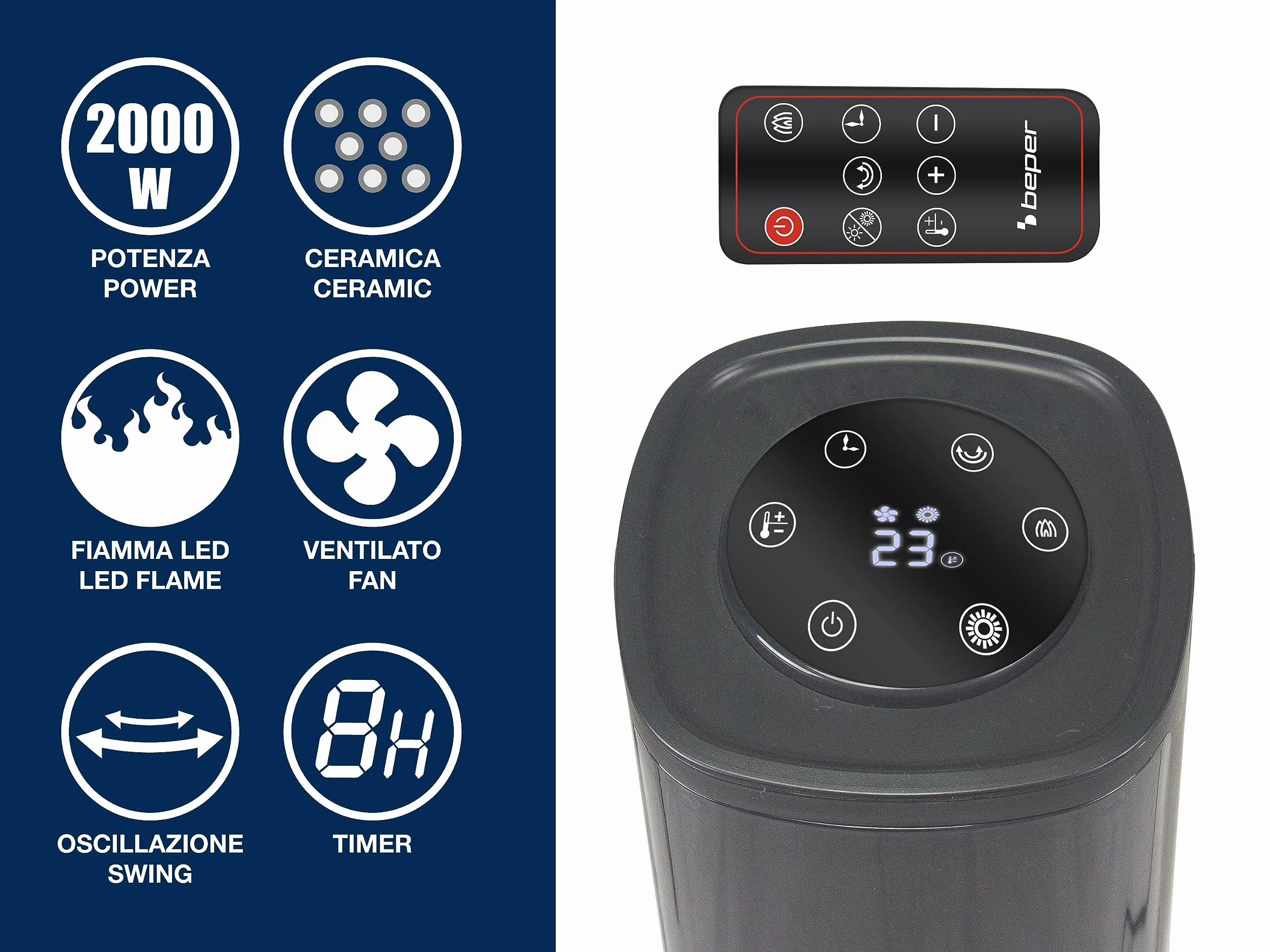 BEPER P203TER010 Termoventilatore ceramico a colonna, 2000w, Pannello di controllo touch, Fiamma LED, Telecomando incluso, Nero