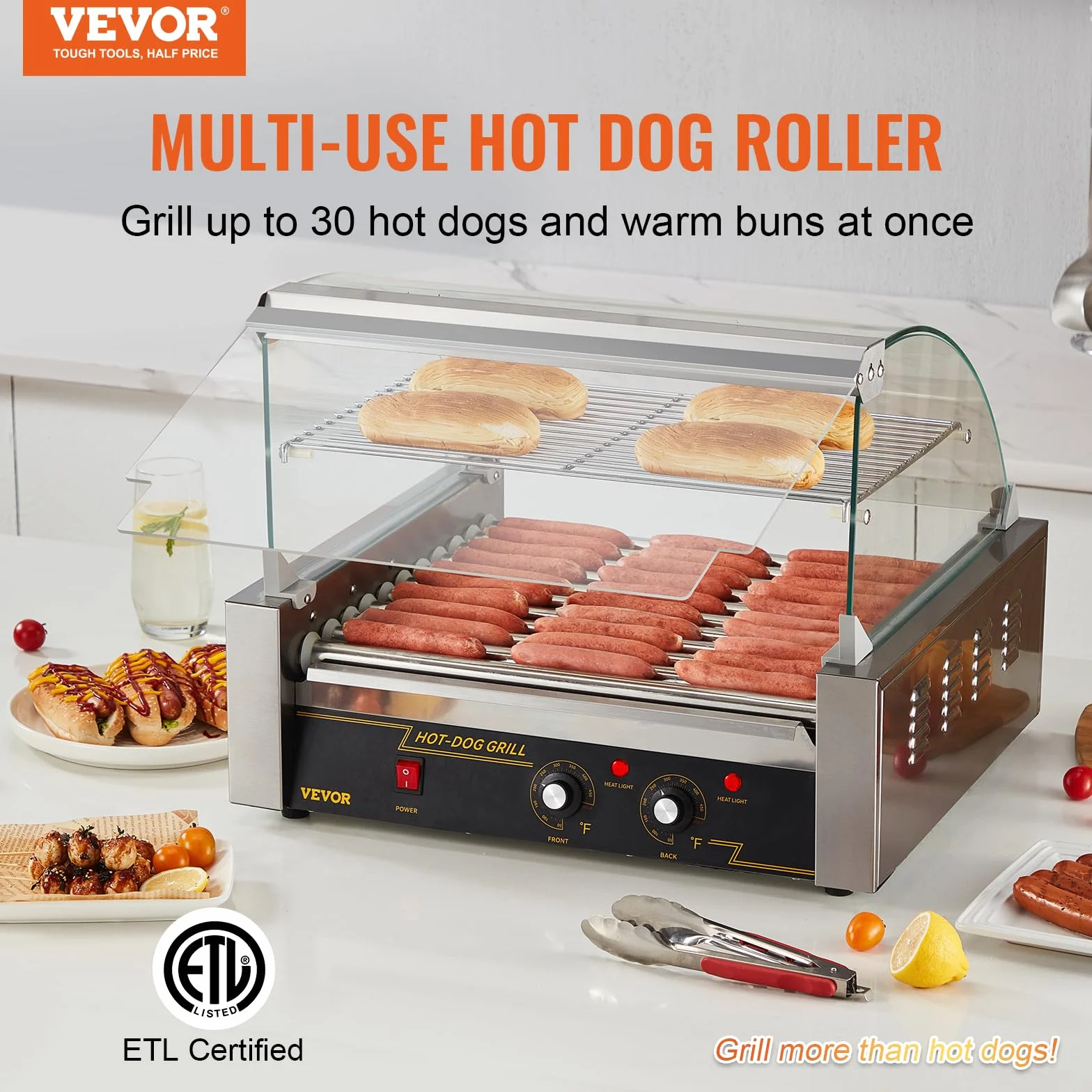 VEVOR Rullo per Hot Dog, 11 Rulli, Macchina per Grigliare Salsicce in Acciaio Inossidabile con Doppio Controllo della Temperatura, 30 Hot Dog, 2,2KW Coperchio Hot Dog Ripiano Riscaldante per Panini