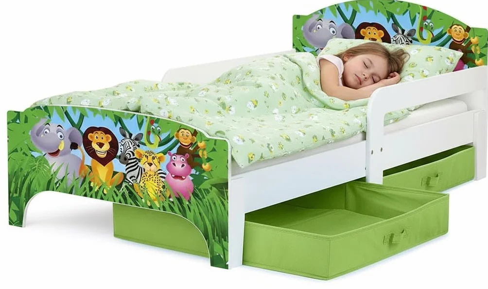 Leomark Letto per Bambini in Legno 140x70 cm SMART con Cassetto, Materasso e Telaio, Stampa Animali Selvaggi