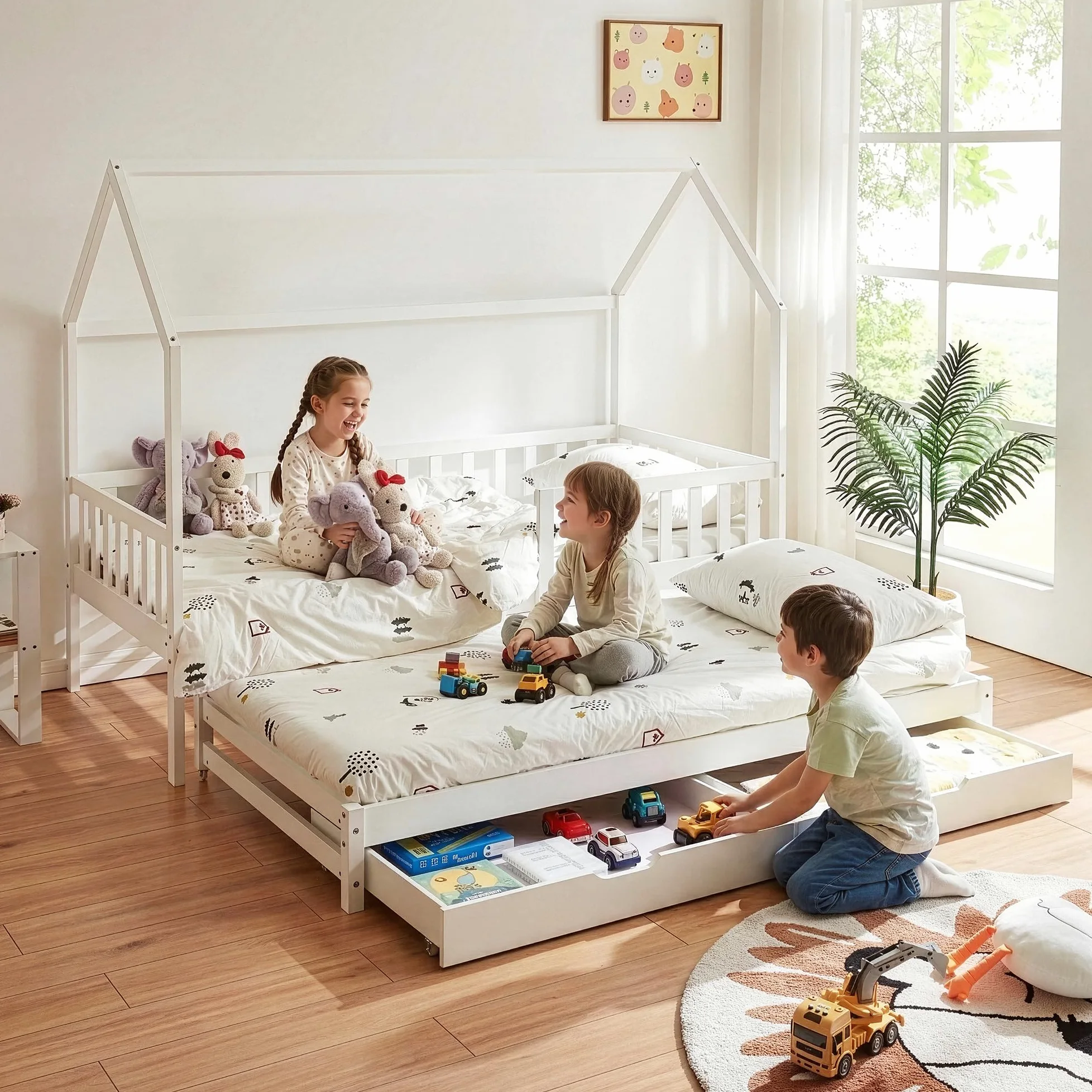 [en.casa] Letto per Cameretta a Forma di Casetta con Letto Estraibile Struttura in Legno di Pino a 2 Piazze con Barriera Anticaduta e 2 Cassetti 90x200 cm - Bianco