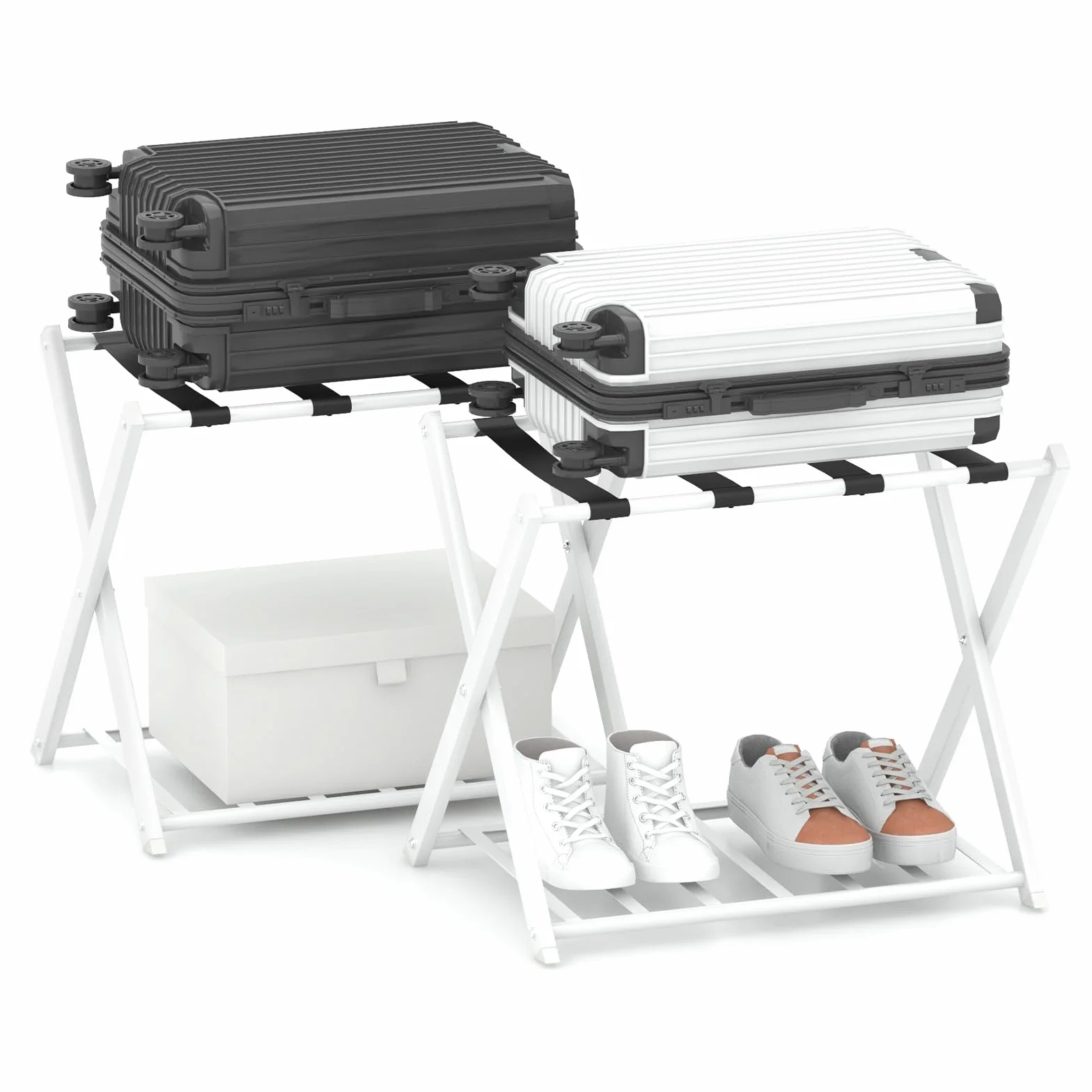 COSTWAY Portavaligie Pieghevole a 2 Ripiani, Cavalletto da Valigie in Metallo 68x43x56 cm Bianco