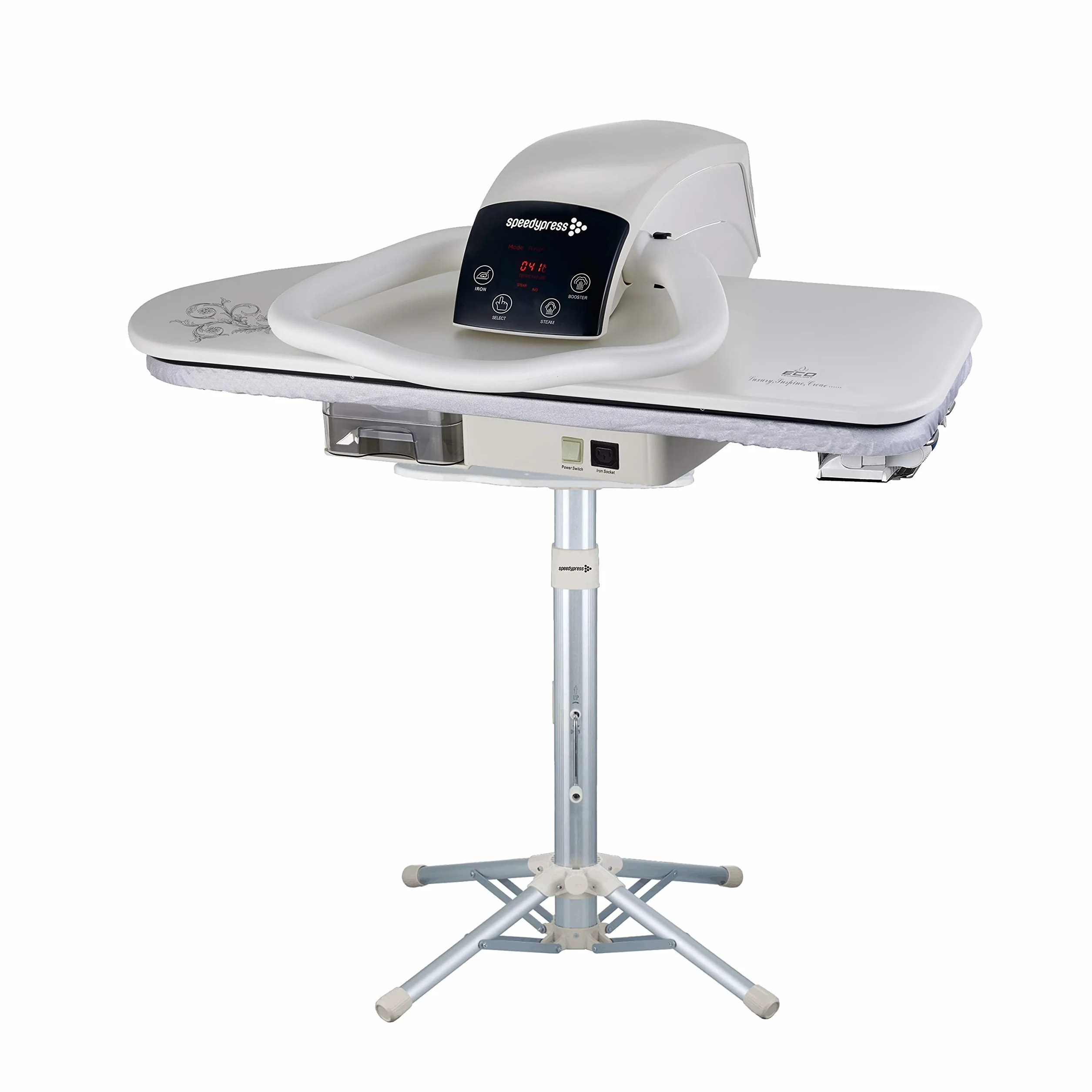 Speedypress Pressa da Stiro a Vapore Professionale Bianco 91HD con Supporto / Treppiedi, 91cm; 2.400 watt (+ Ferro, Cartuccia Filtro Dell'Acqua Anti-Scala, Copertura di Ricambio e Fondo in Schiuma)