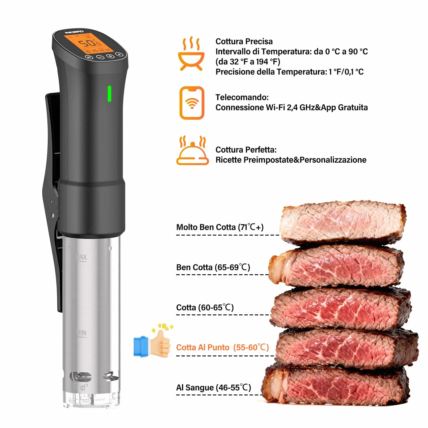 INKBIRD WiFi Sous Vide Roner 1000W Professionale 0°C~90°C Cottura Bassa Temperatura con Ricette APP ISV-200W