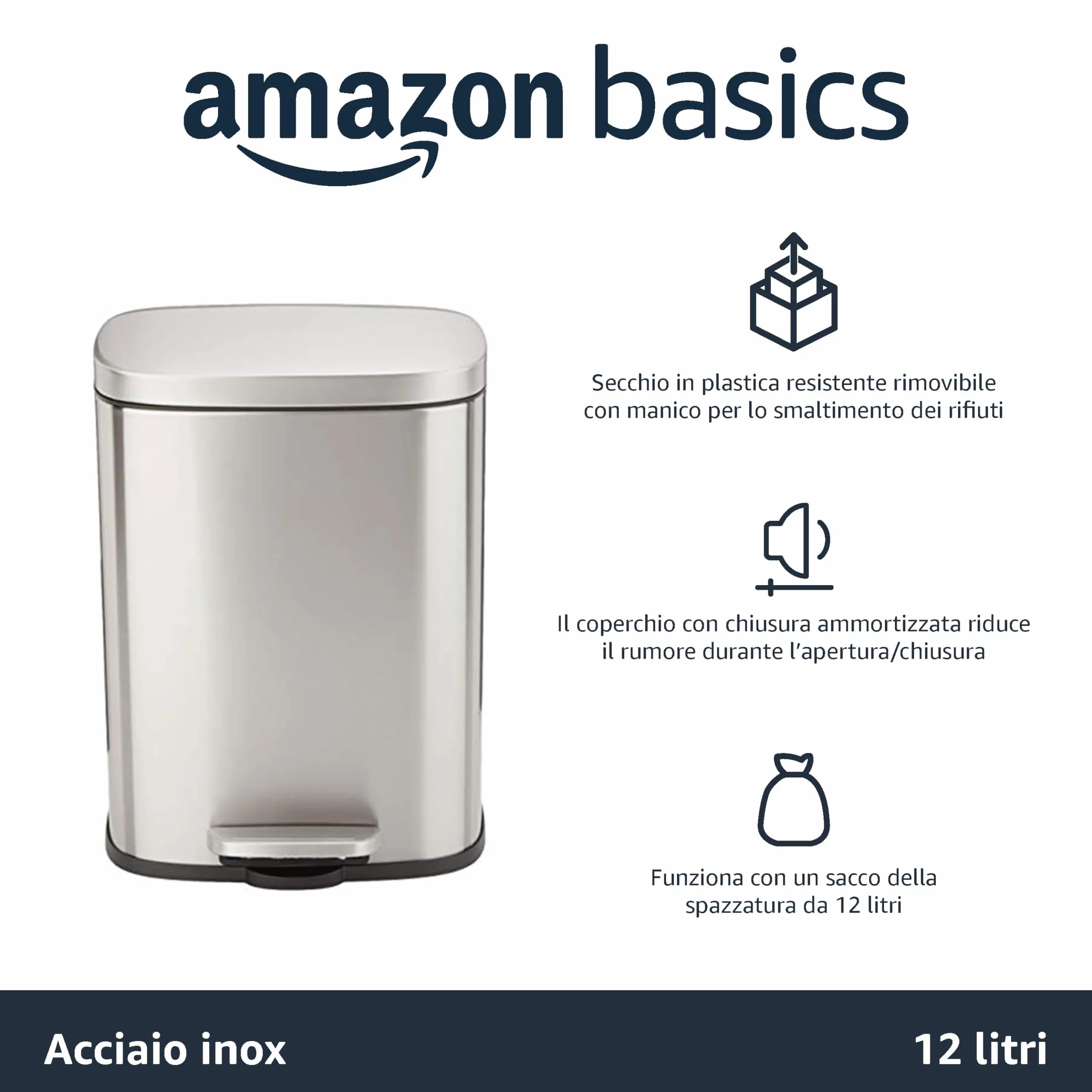Amazon Basics Pattumiera rettangolare, piccola, antimacchia, chiusura ammortizzata, acciaio inox spazzolato, 12 l, finitura nichel satinato, 28,7 x 25,1 x 38,3 cm (lunghezza x larghezza x altezza)