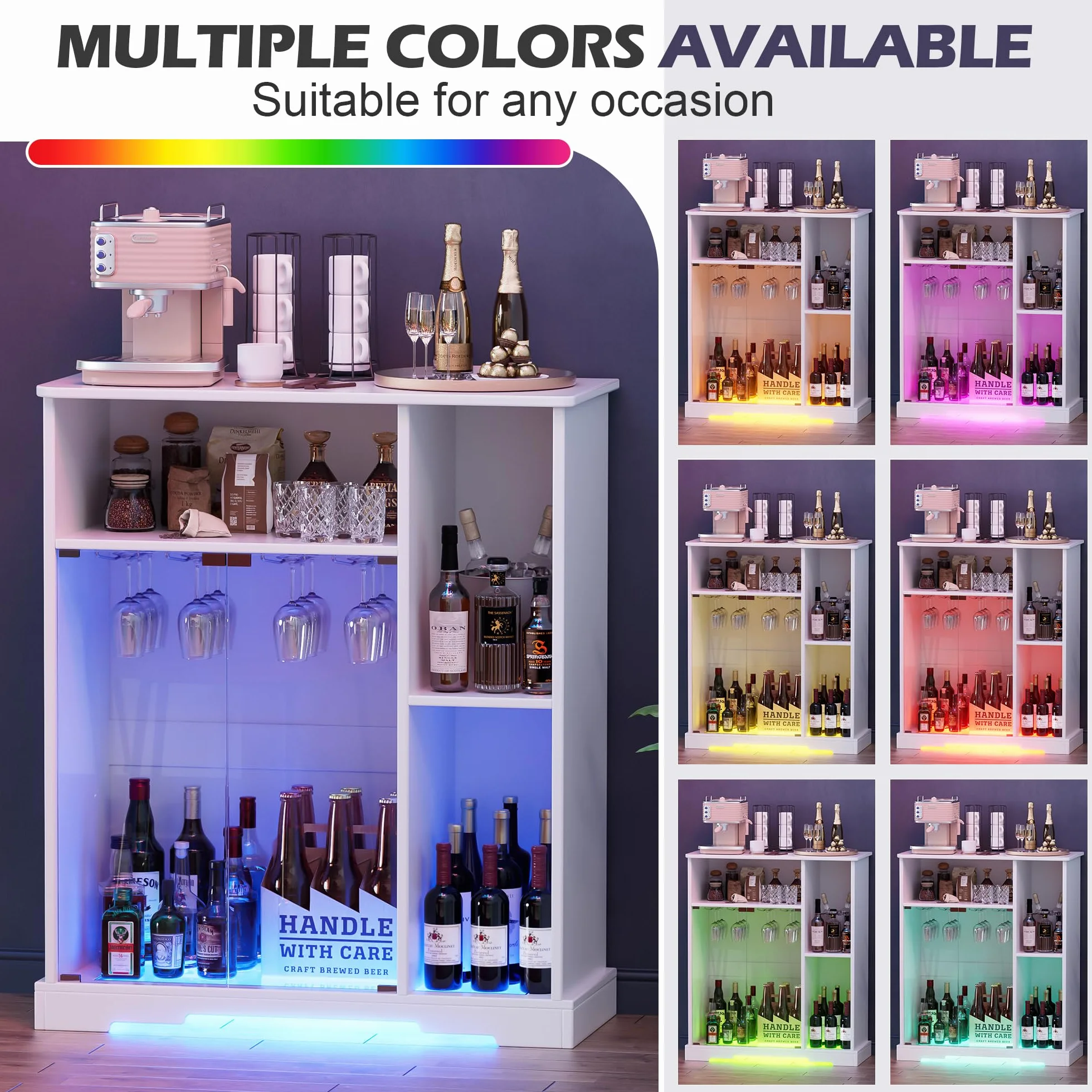 MSFE Mobile Porta Vino e Amari,Armadietto per Vino con Luce a LED,Buffet in Legno,Credenza con Portabicchieri e Porta in Vetro,Armadietto per Vino per Soggiorno,Cucina,Sala da Pranzo,85.4*40*110cm