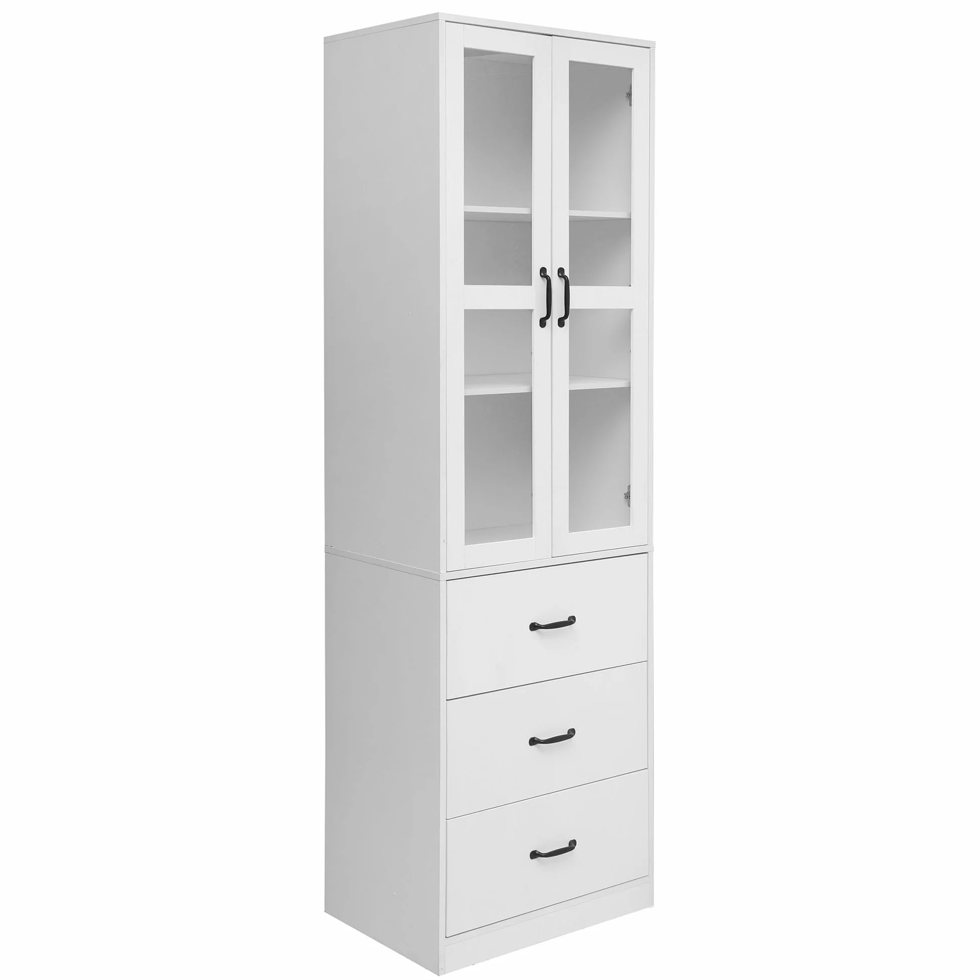 Vetrina bianca alta 200 cm, vetrina con 2 ante in vetro e 2 divisori mobili, 3 cassetti, illuminazione a LED - un'aggiunta elegante alla tua collezione!